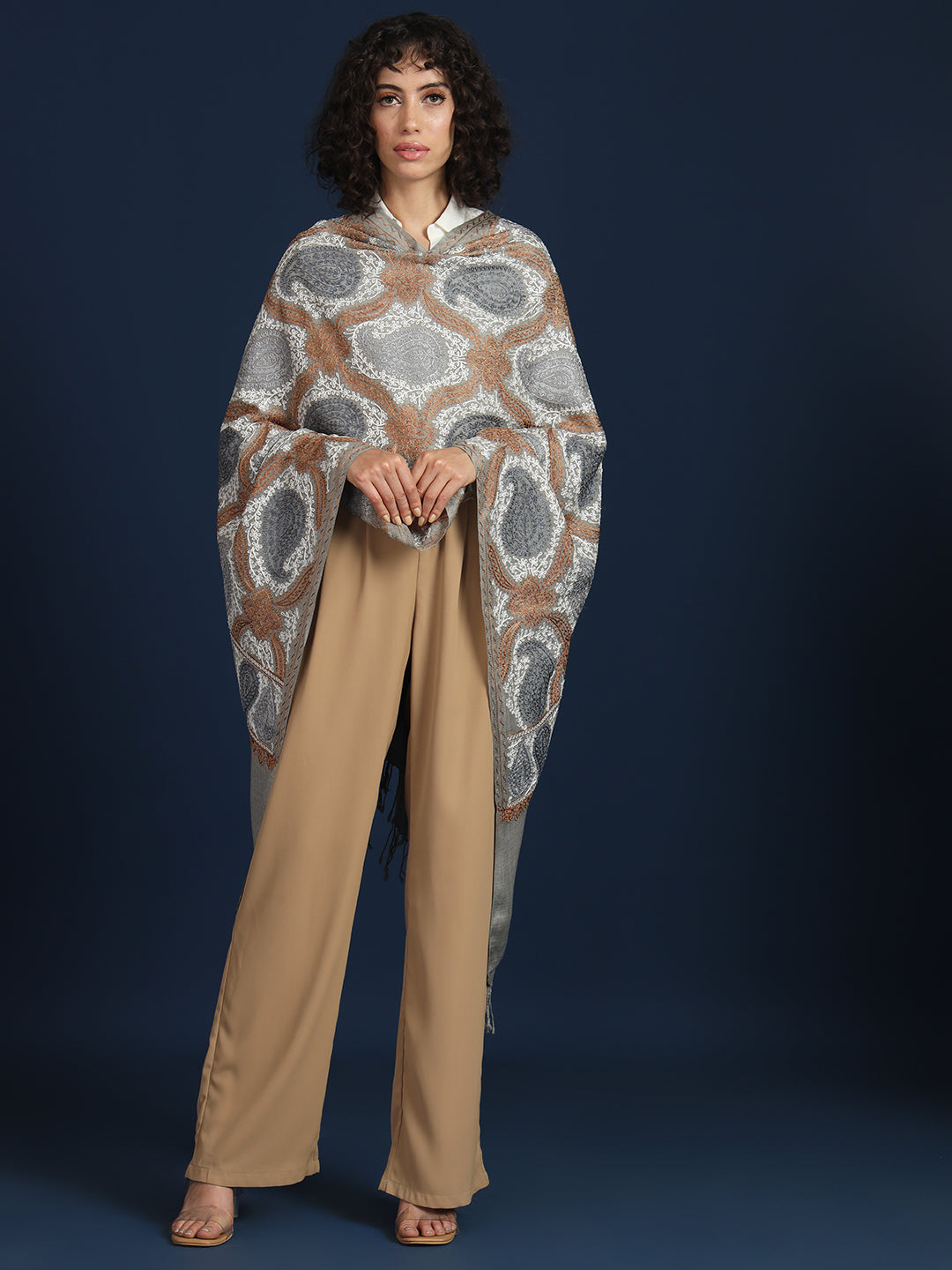 Woollen Pashmina Feel Royal Stole in Silk Embroidery Dense Jaal for Women | Brown