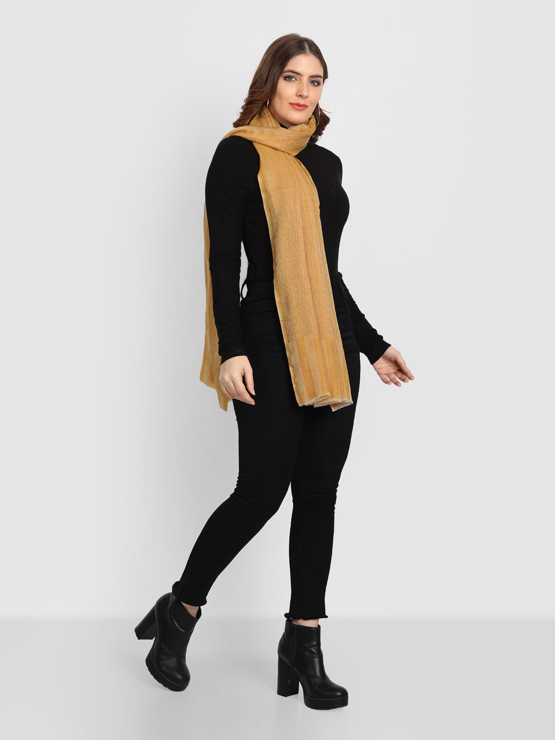 Pure Fine Wool Woolen Stole for Women in Striped Weaving | Mustard