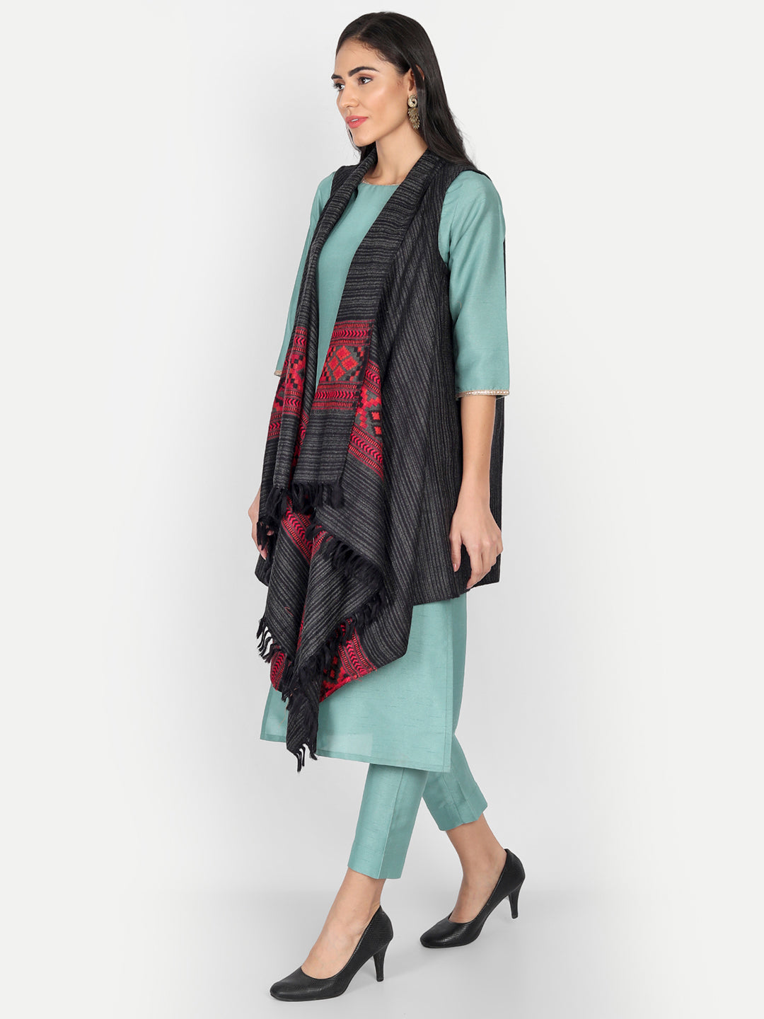 Women's Woven Cape Shrug in Himalayan Stripes | Black