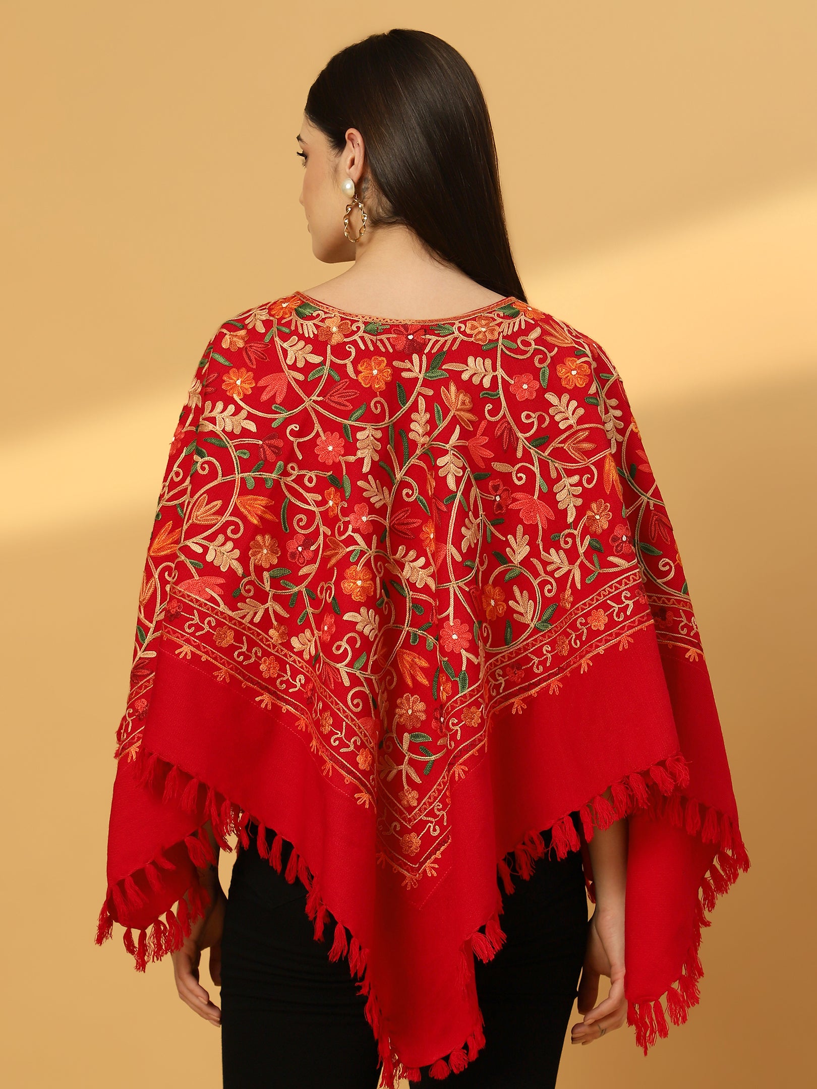 Woolen Kashmiri Poncho with Jaal Embroidery and Silk Lining | Red