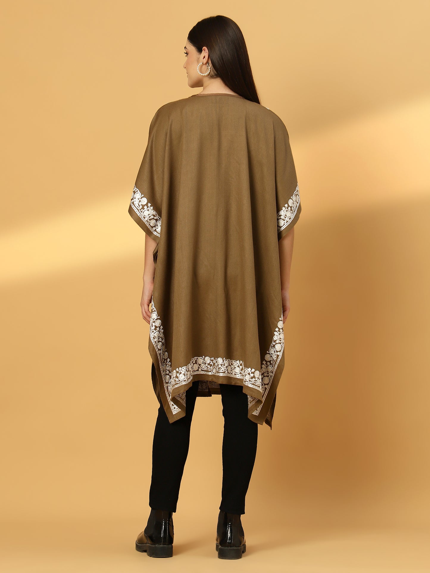 Floral Embroidery Brown Pheran Shrug