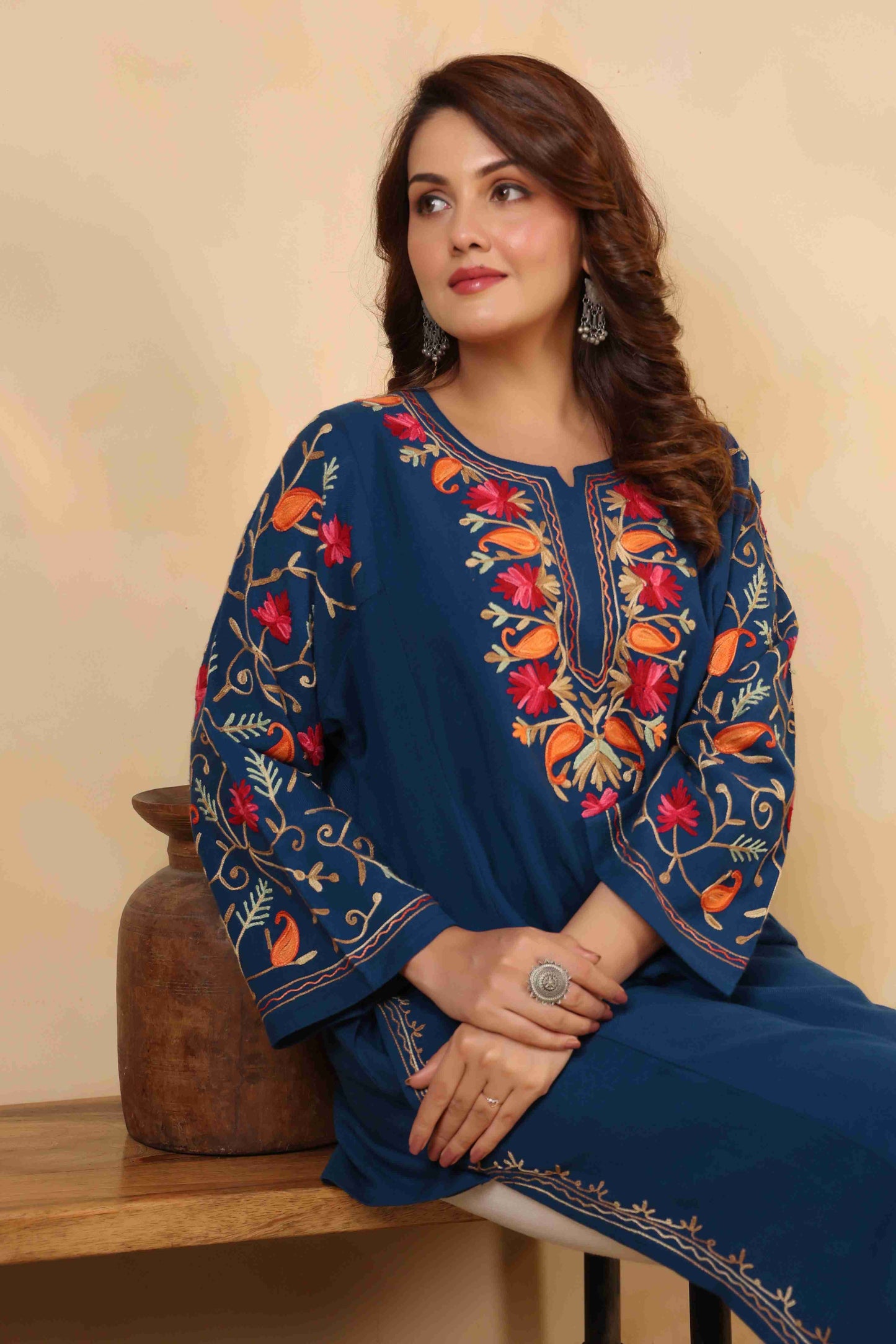Multicolor Aari Embroidery Kashmiri Pheran | Blue