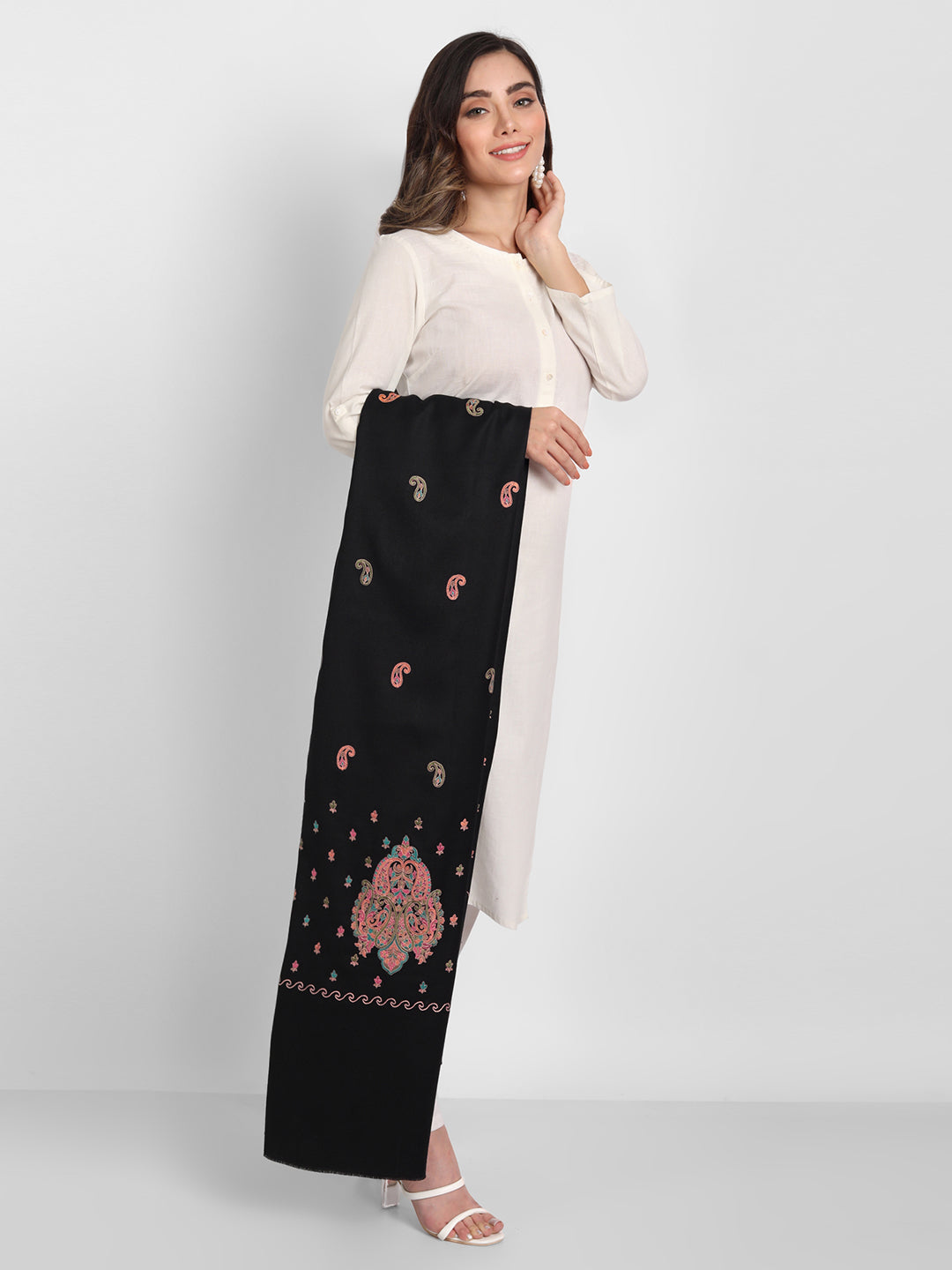 Fine Embroidery Paper Mache Kashmiri Wool Shawl | Black
