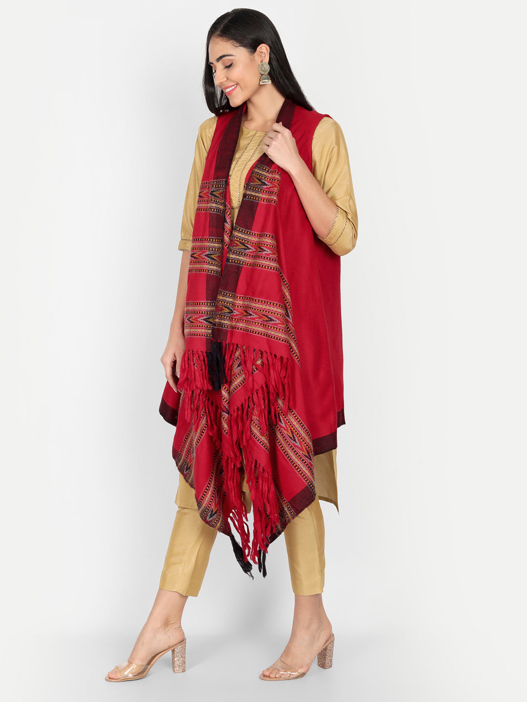 Women's Woven Cape Shrug in Himalayan Stripes | Maroon