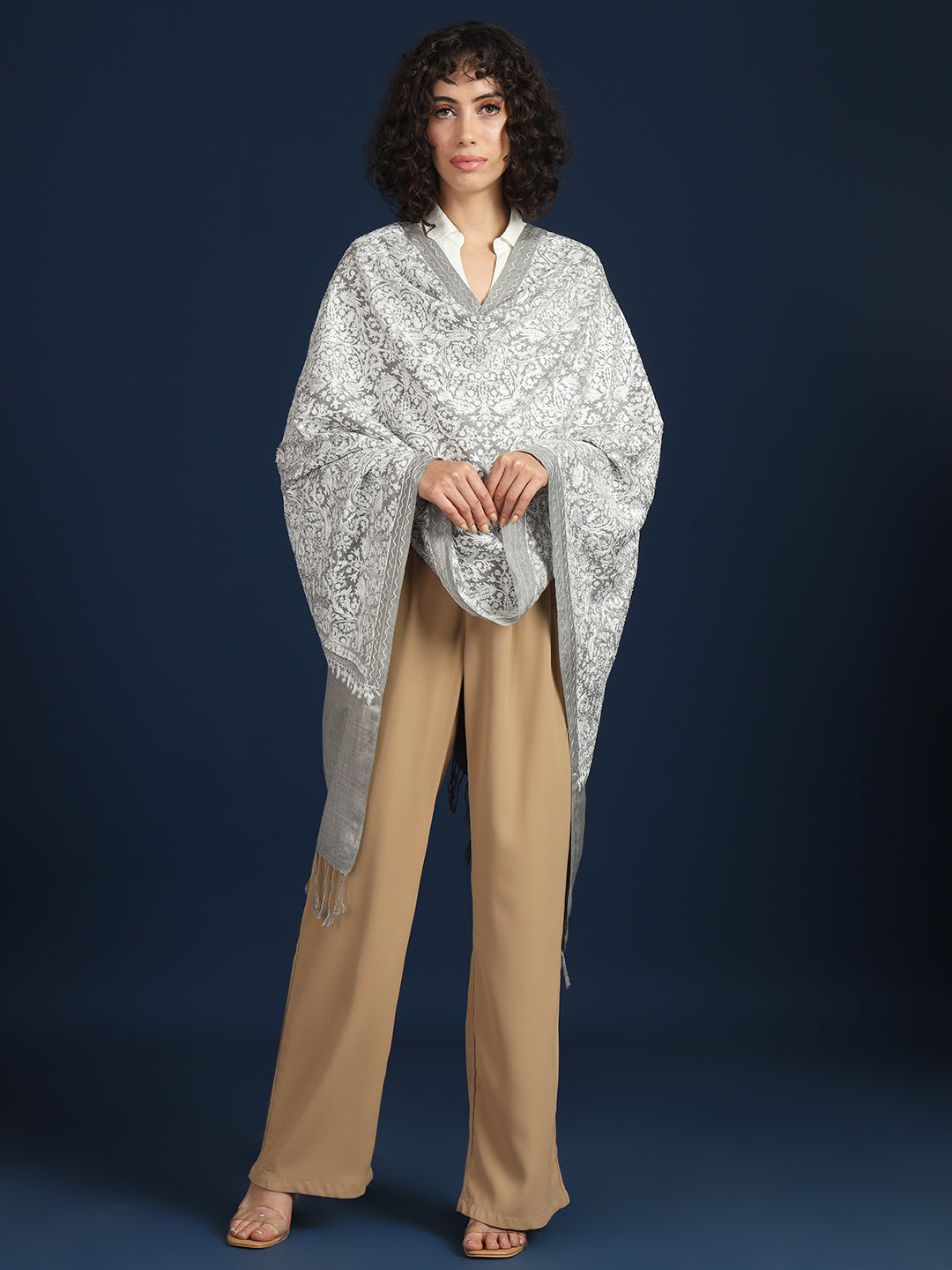 Woollen Pashmina Feel Stole in Silk Embroidery Dense Jaal for Women | Grey