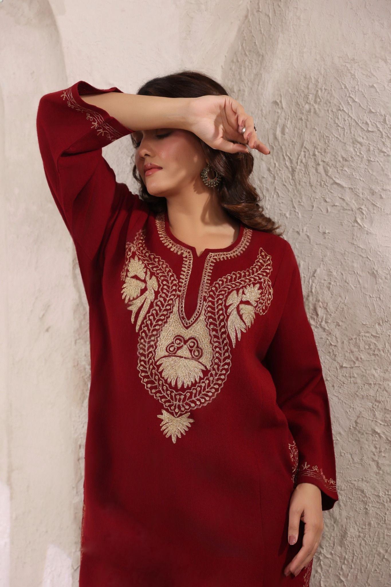 Kashmiri Pheran with Zari Embroidery | Maroon
