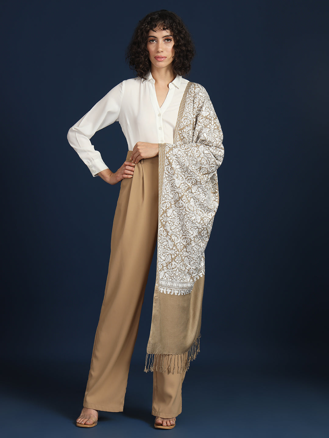Woollen Pashmina Feel Stole in Silk Embroidery Dense Jaal for Women | Brown 2