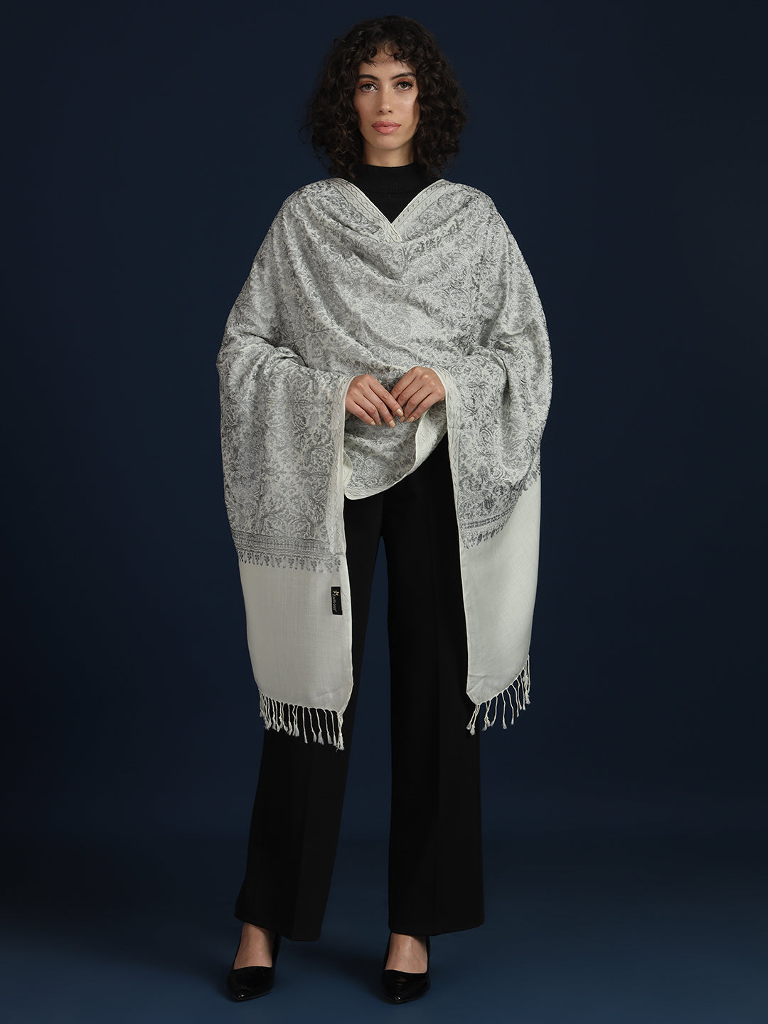 Woollen Pashmina Feel Stole in Silk Embroidery Dense Jaal for Women | White