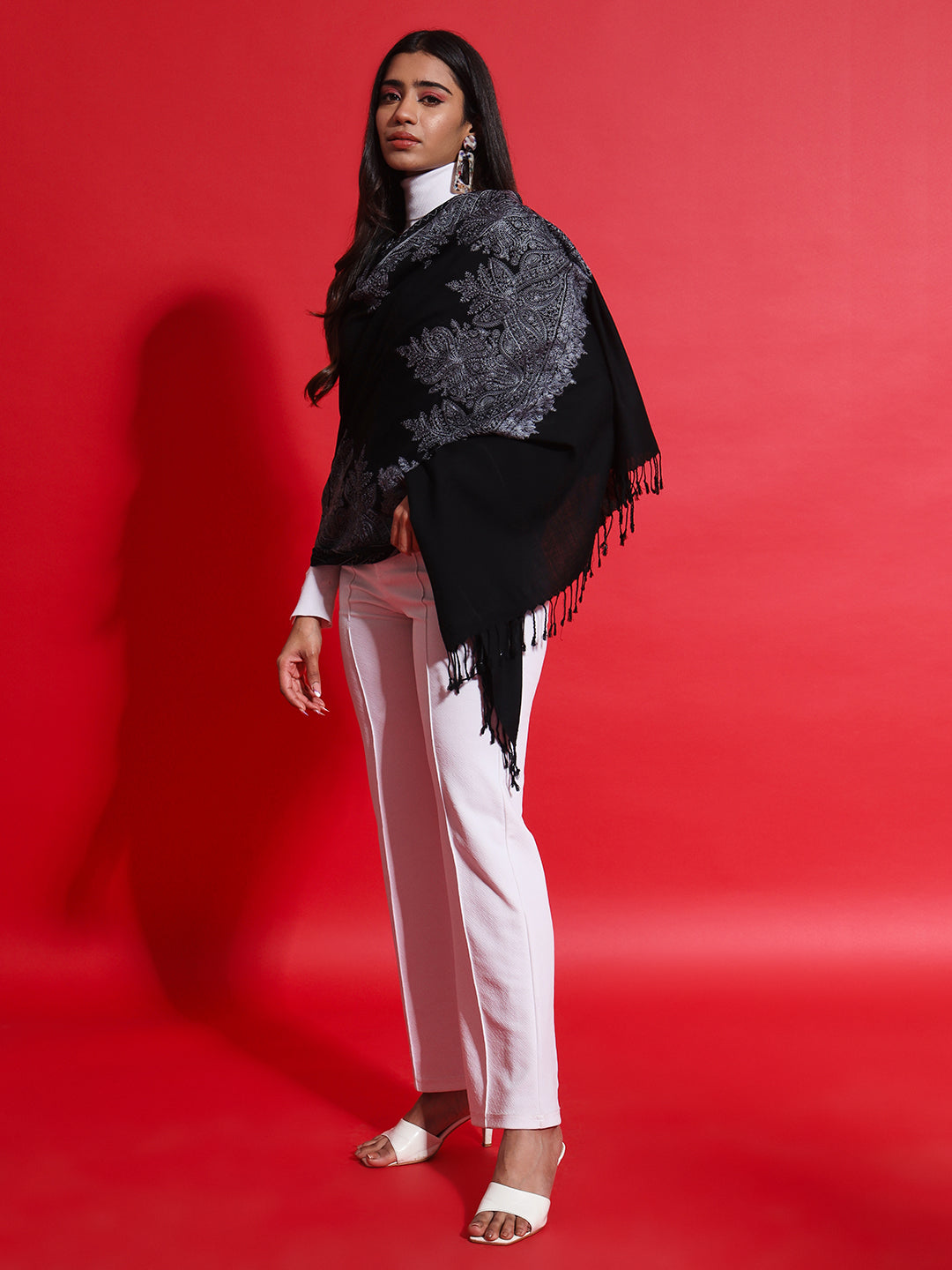 Woollen Pashmina Feel Stole in Silk Embroidery for Women | Black