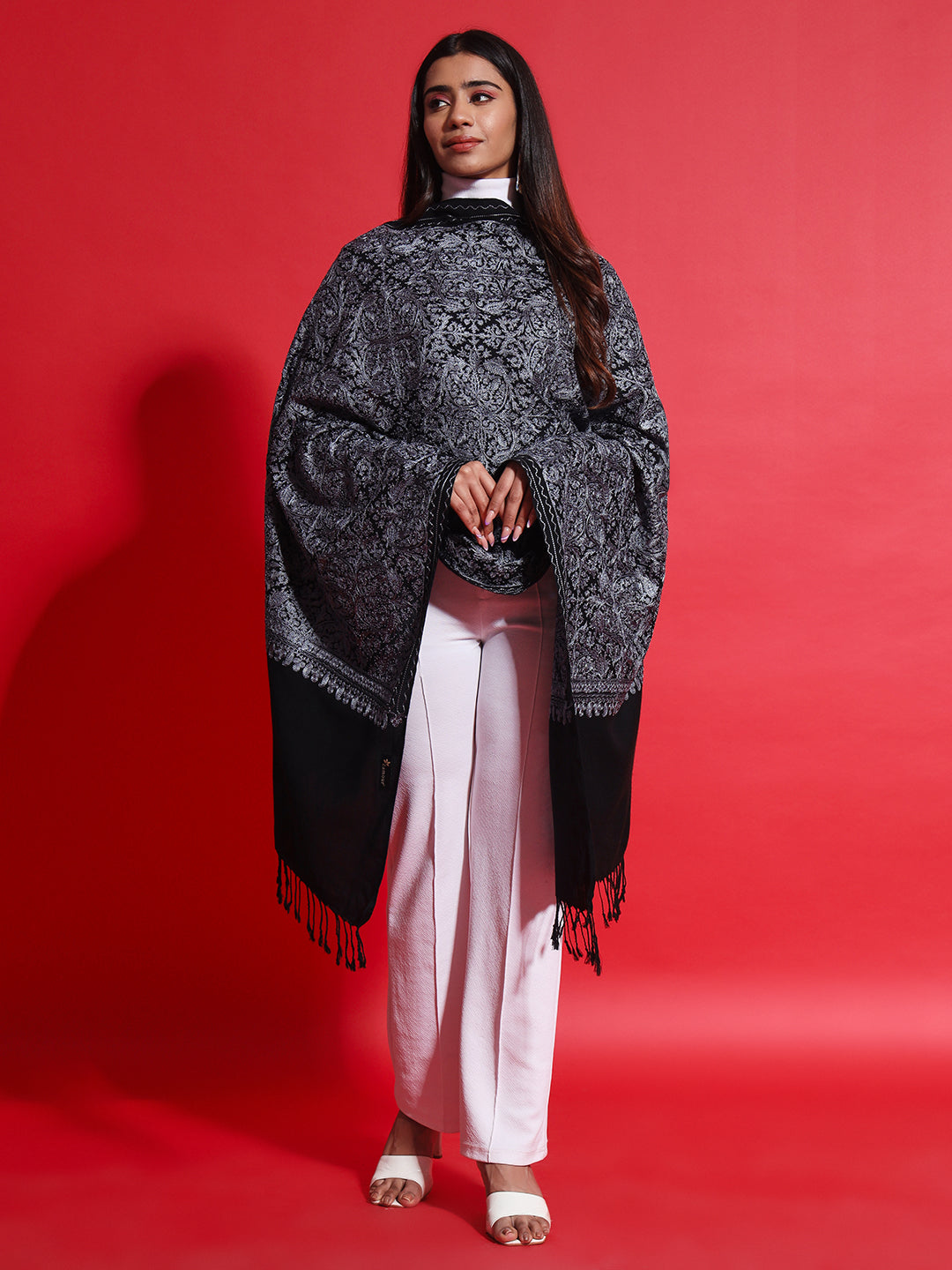 Woollen Pashmina Feel Stole in Silk Embroidery Dense Jaal for Women | Black