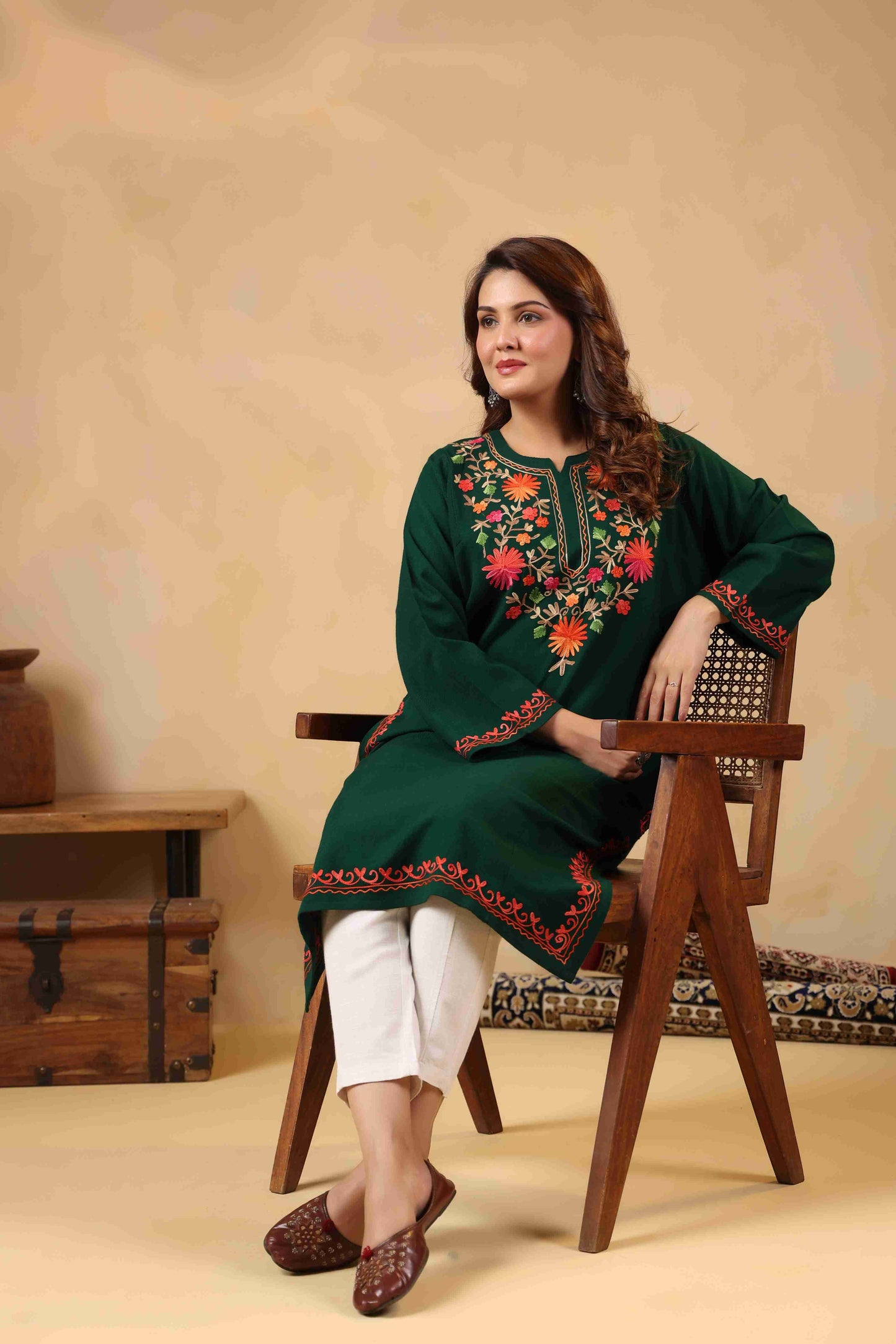 Multicolor Aari Embroidery Kashmiri Pheran | Green
