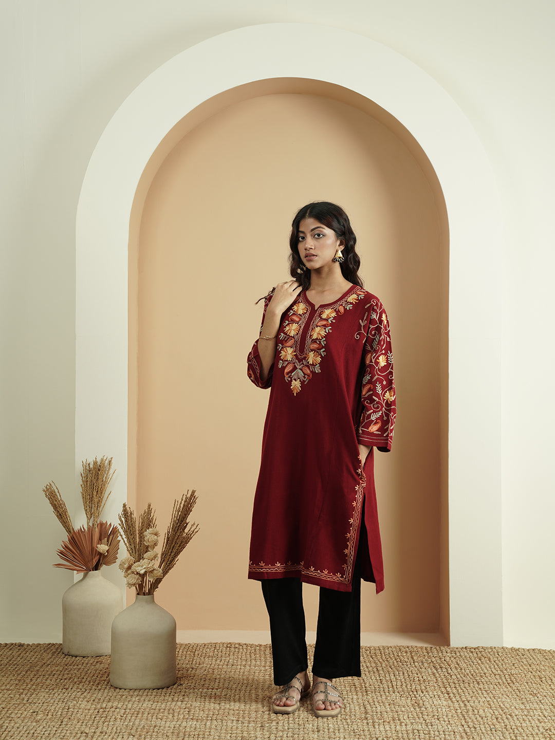Multicolor Aari Embroidery Kashmiri Pheran | Maroon