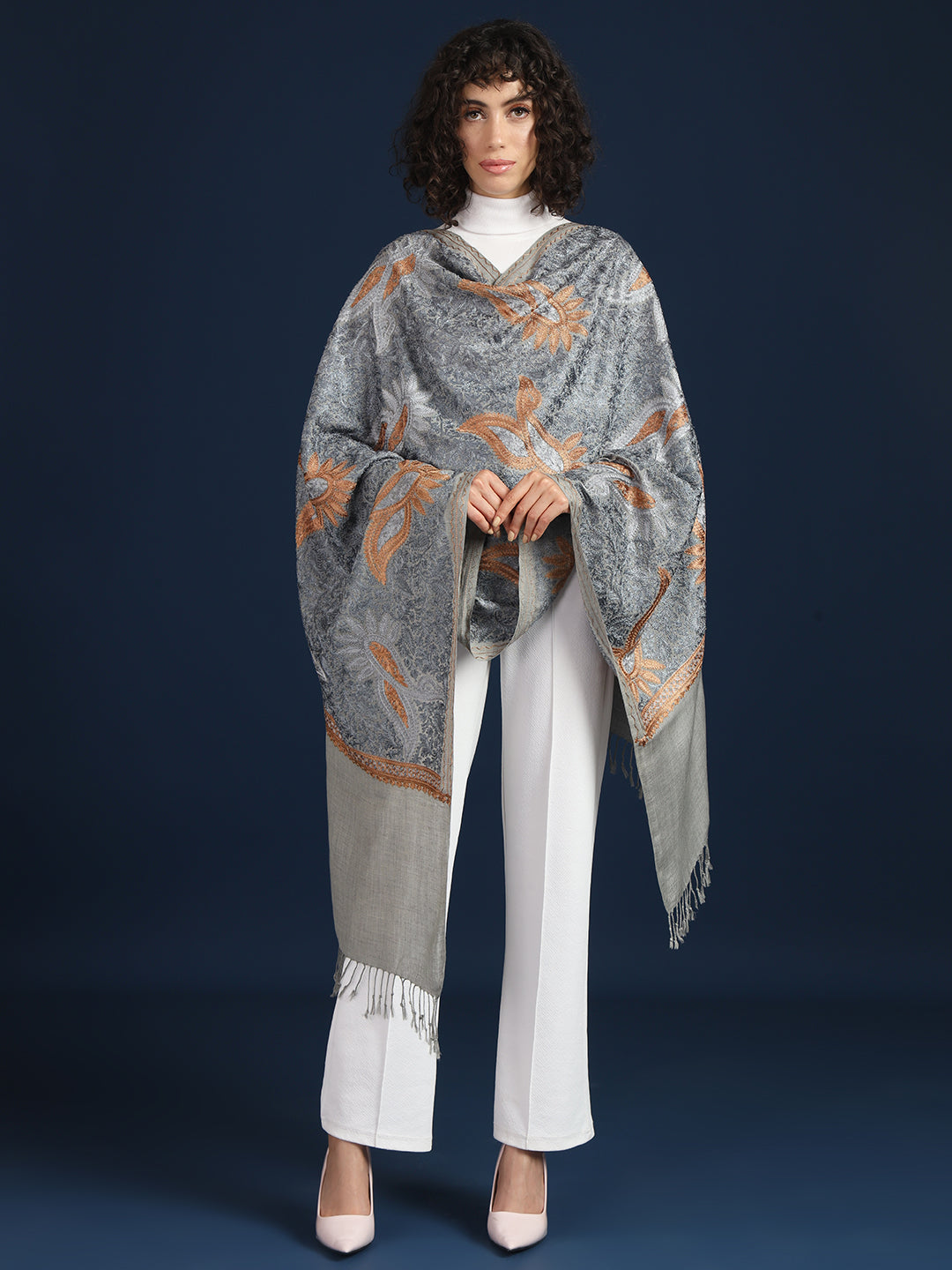 Woollen Pashmina Feel Stole in Silk Embroidery for Women | Grey