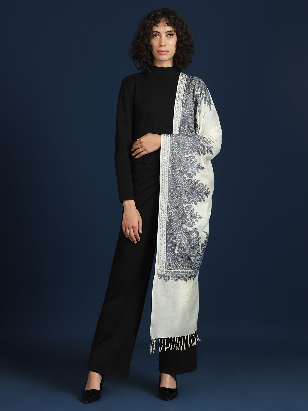 Woollen Pashmina Feel Stole in Silk Embroidery for Women | White