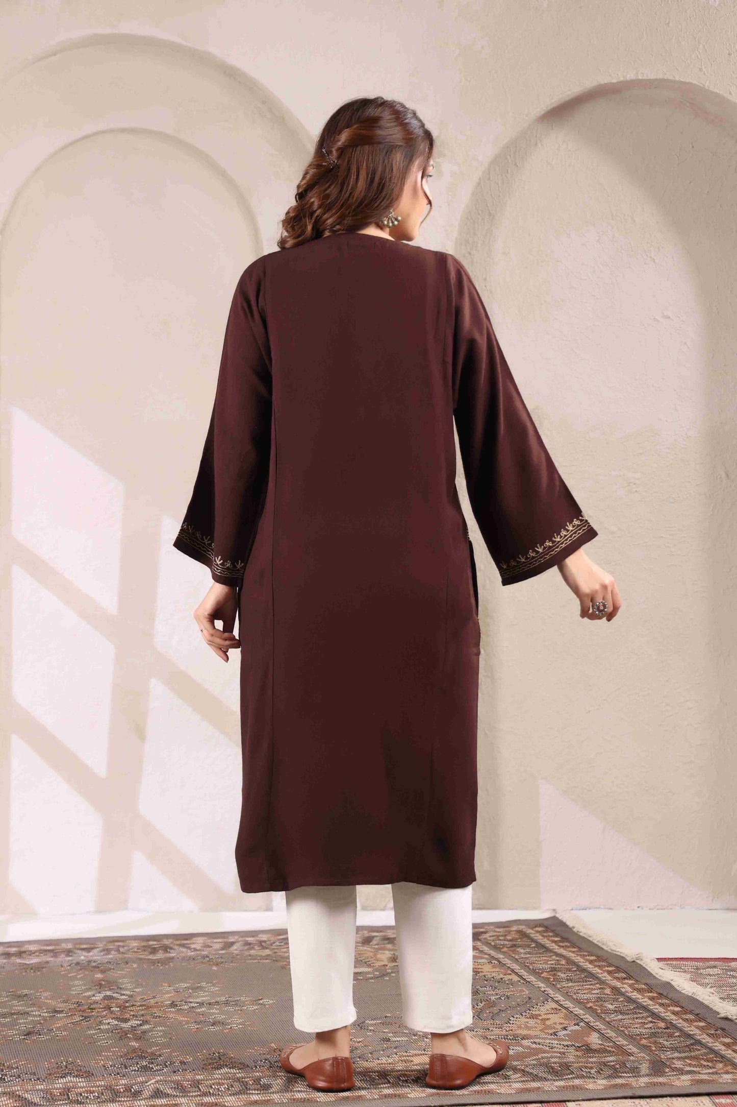 Kashmiri Pheran with Zari Embroidery | Brown