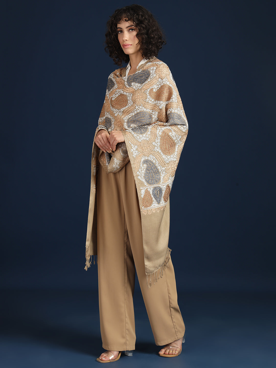 Woollen Pashmina Feel Royal Stole in Silk Embroidery Dense Jaal for Women | Brown