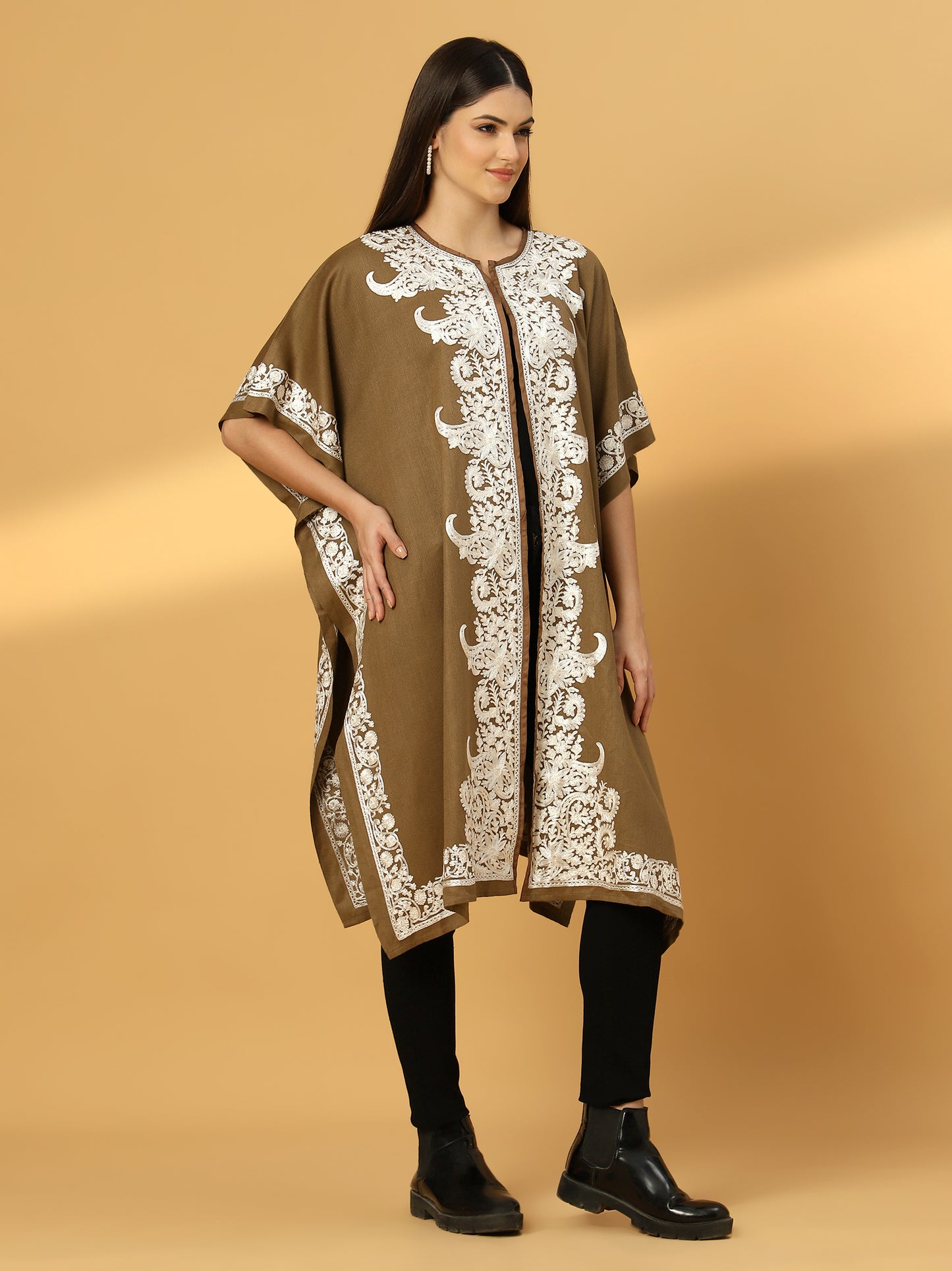 Floral Embroidery Brown Pheran Shrug