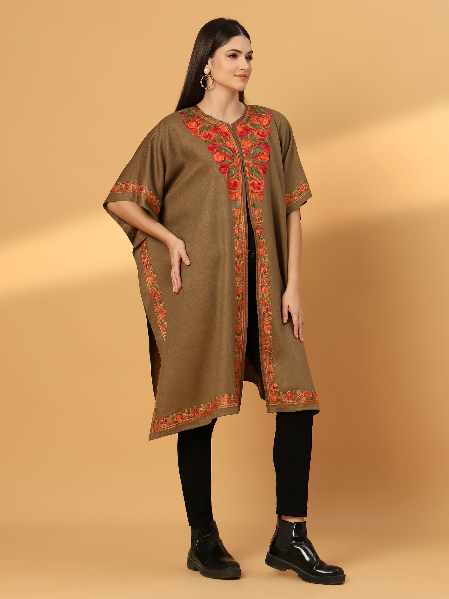 Kashmiri Embroidery Brown Pheran Shrug