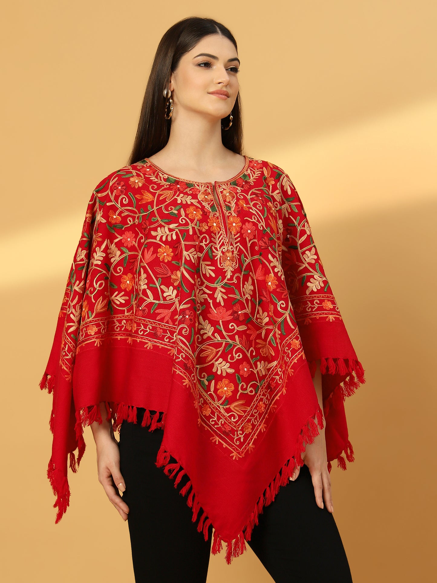Woolen Kashmiri Poncho with Jaal Embroidery and Silk Lining | Red
