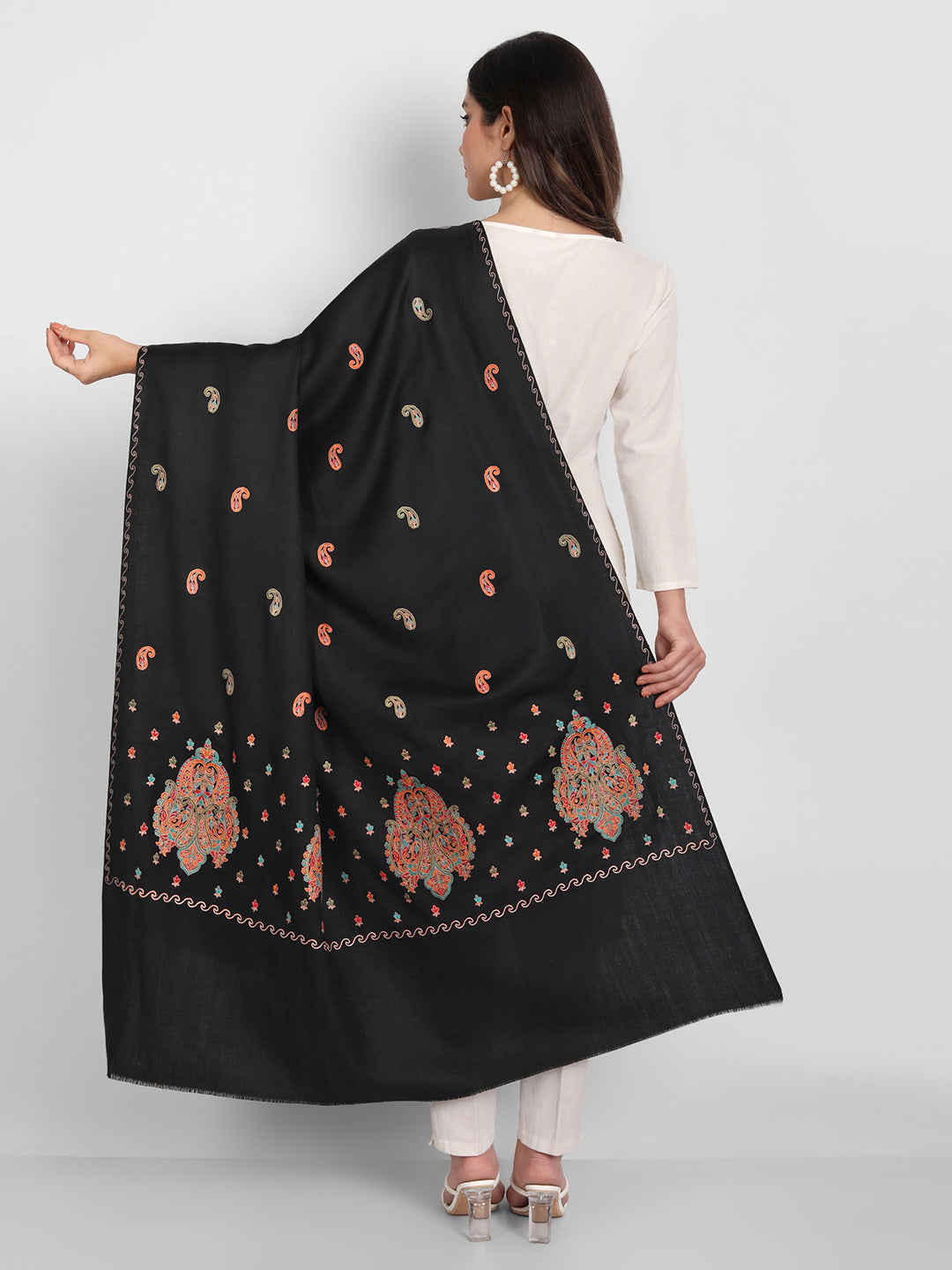 Fine Embroidery Paper Mache Kashmiri Wool Shawl | Black