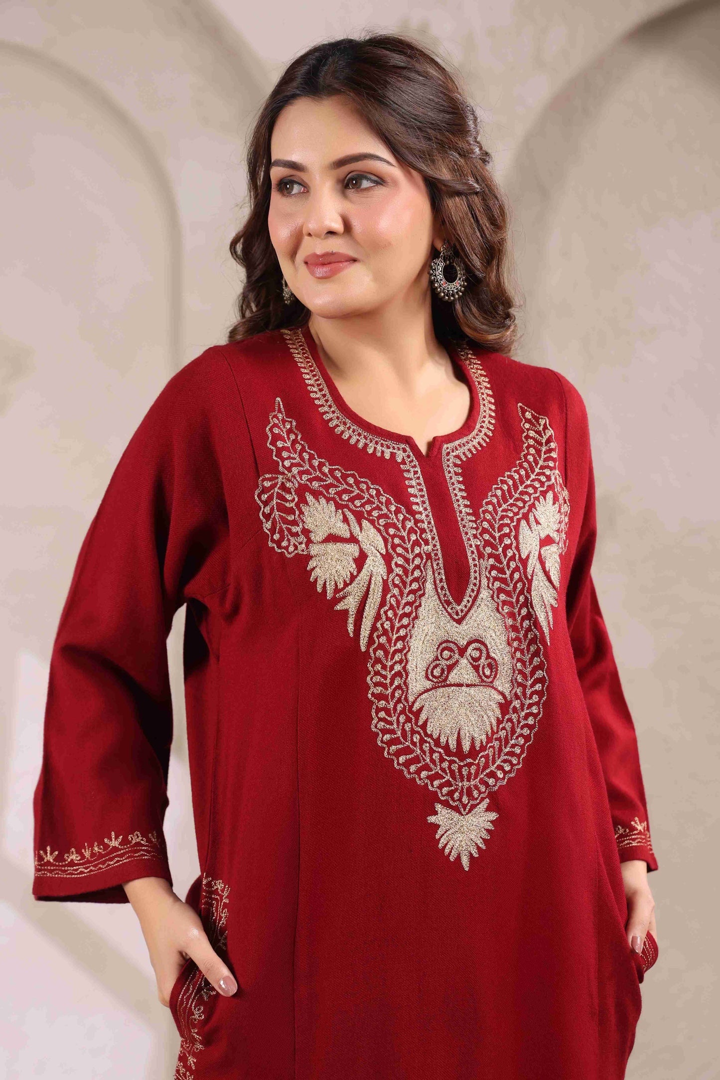 Kashmiri Pheran with Zari Embroidery | Maroon
