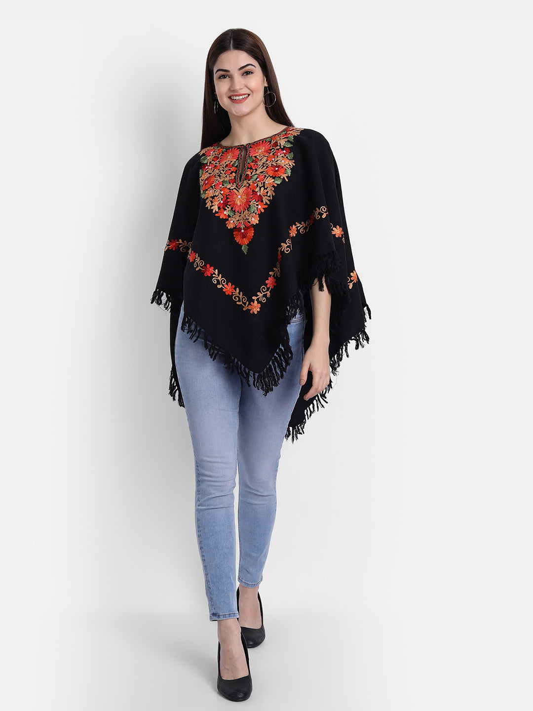 Woollen Poncho with Kashmiri Embroidery and Silk Lining | Black - view 3