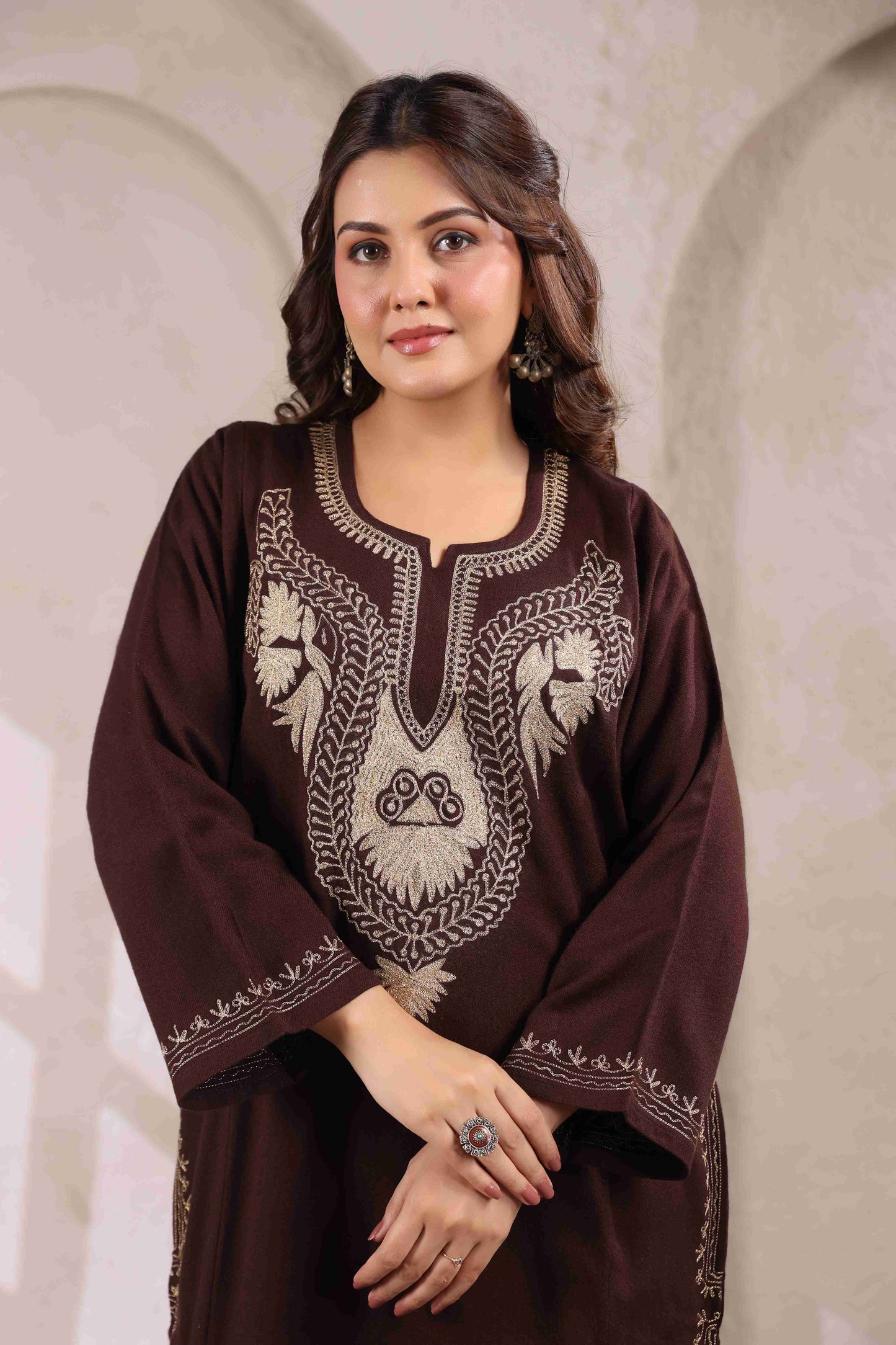 Kashmiri Pheran with Zari Embroidery | Brown