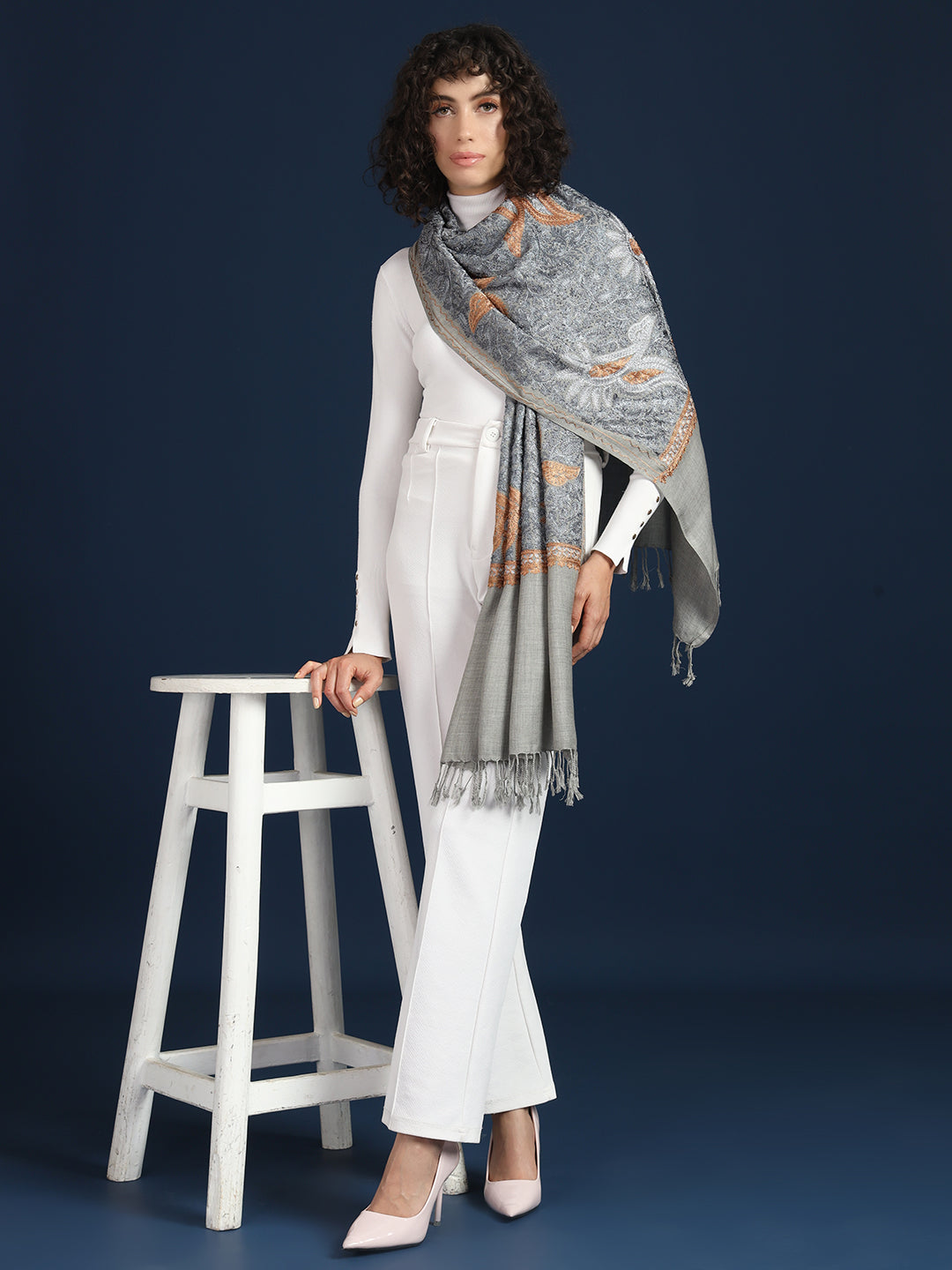 Woollen Pashmina Feel Stole in Silk Embroidery for Women | Grey