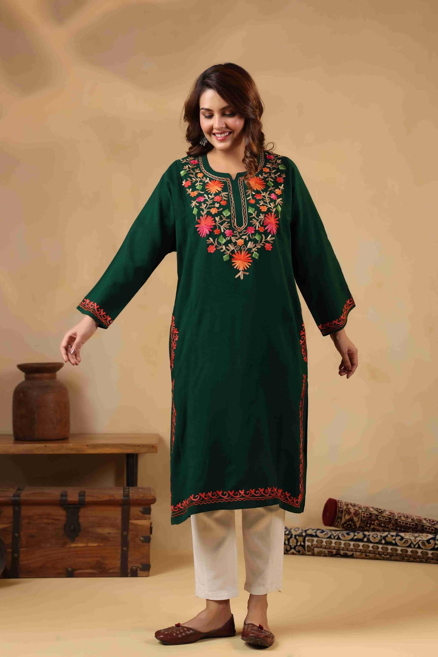 Multicolor Aari Embroidery Kashmiri Pheran | Green