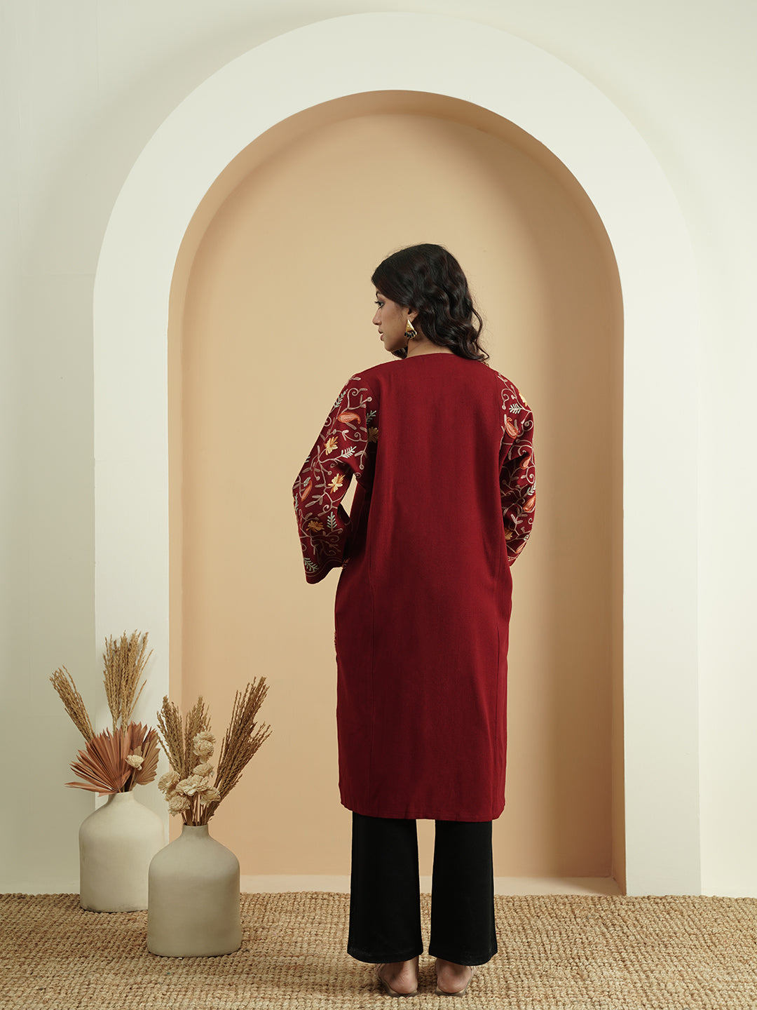 Multicolor Aari Embroidery Kashmiri Pheran | Maroon