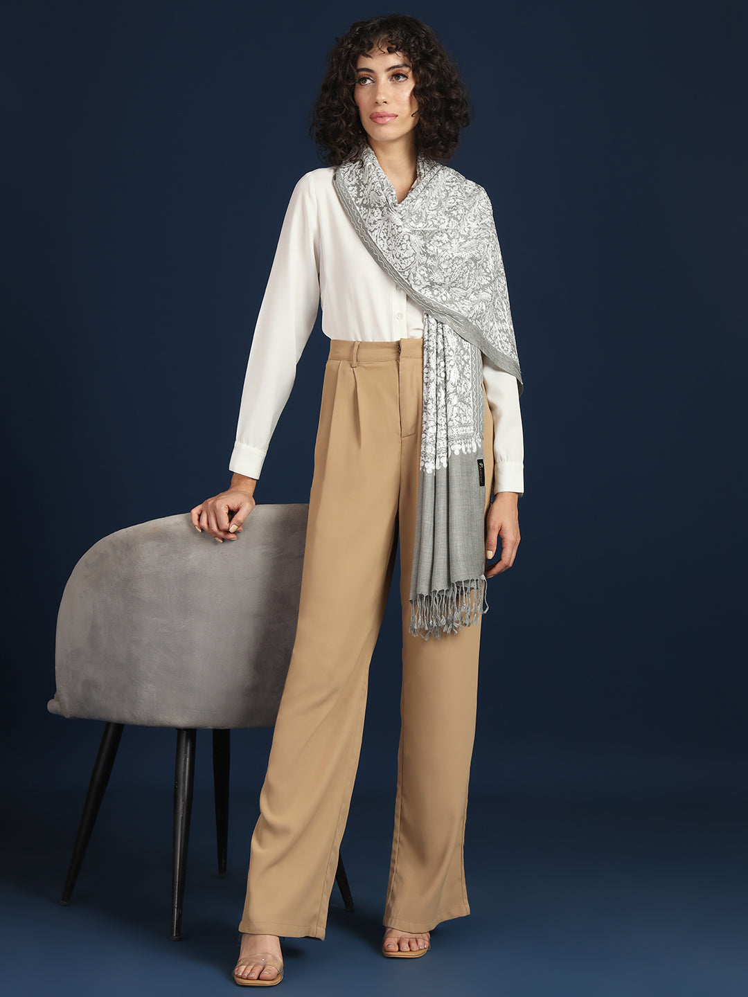 Woollen Pashmina Feel Stole in Silk Embroidery Dense Jaal for Women | Grey