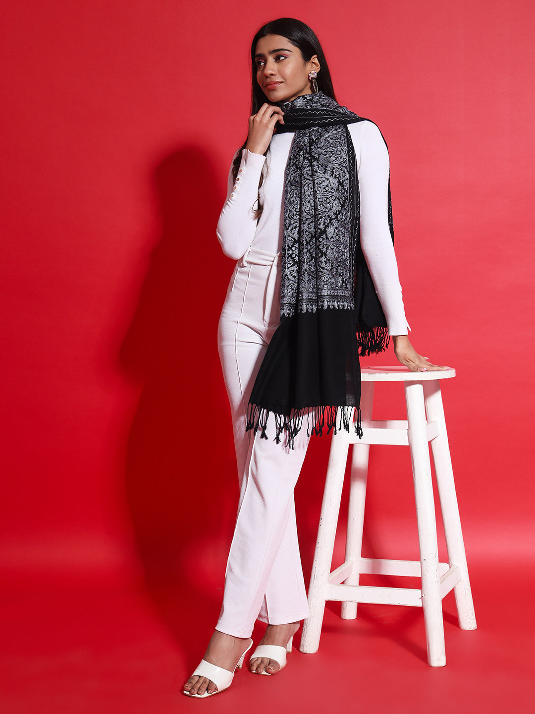 Woollen Pashmina Feel Stole in Silk Embroidery Dense Jaal for Women | Black