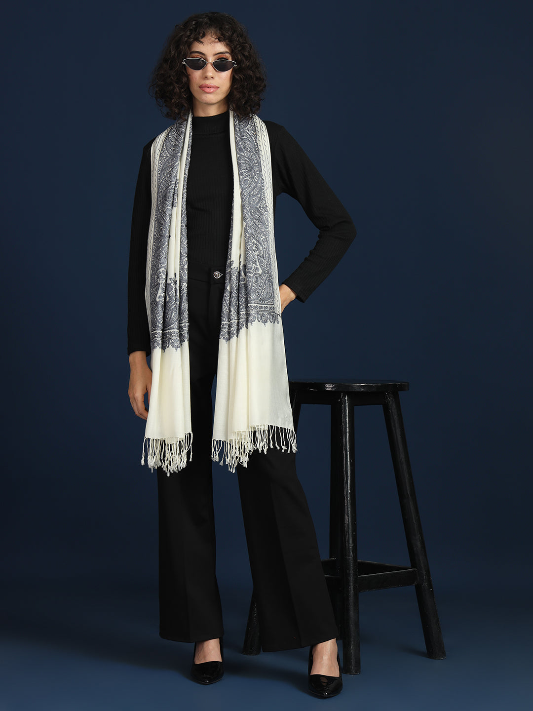 Woollen Pashmina Feel Stole in Silk Embroidery for Women | White