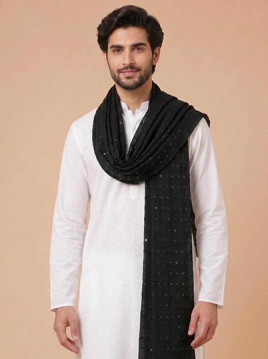 Pure Cotton Embroidered Dupatta for Men with Sequin | Black - view 5