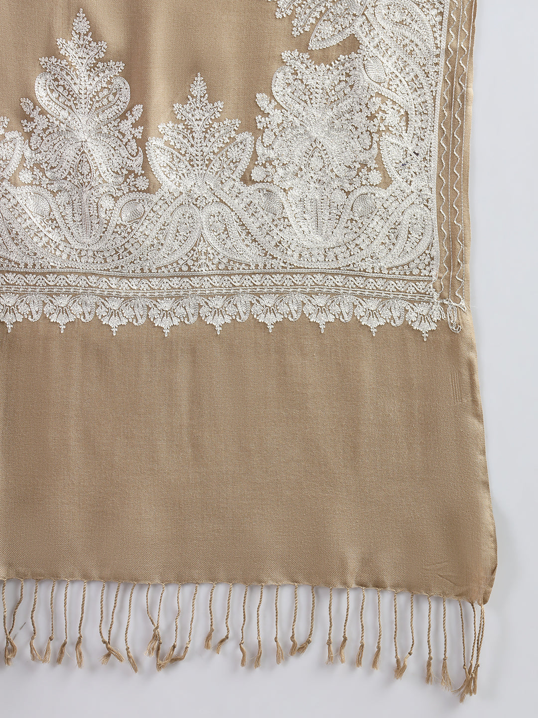 Woollen Pashmina Feel Stole in Silk Embroidery for Women | Brown