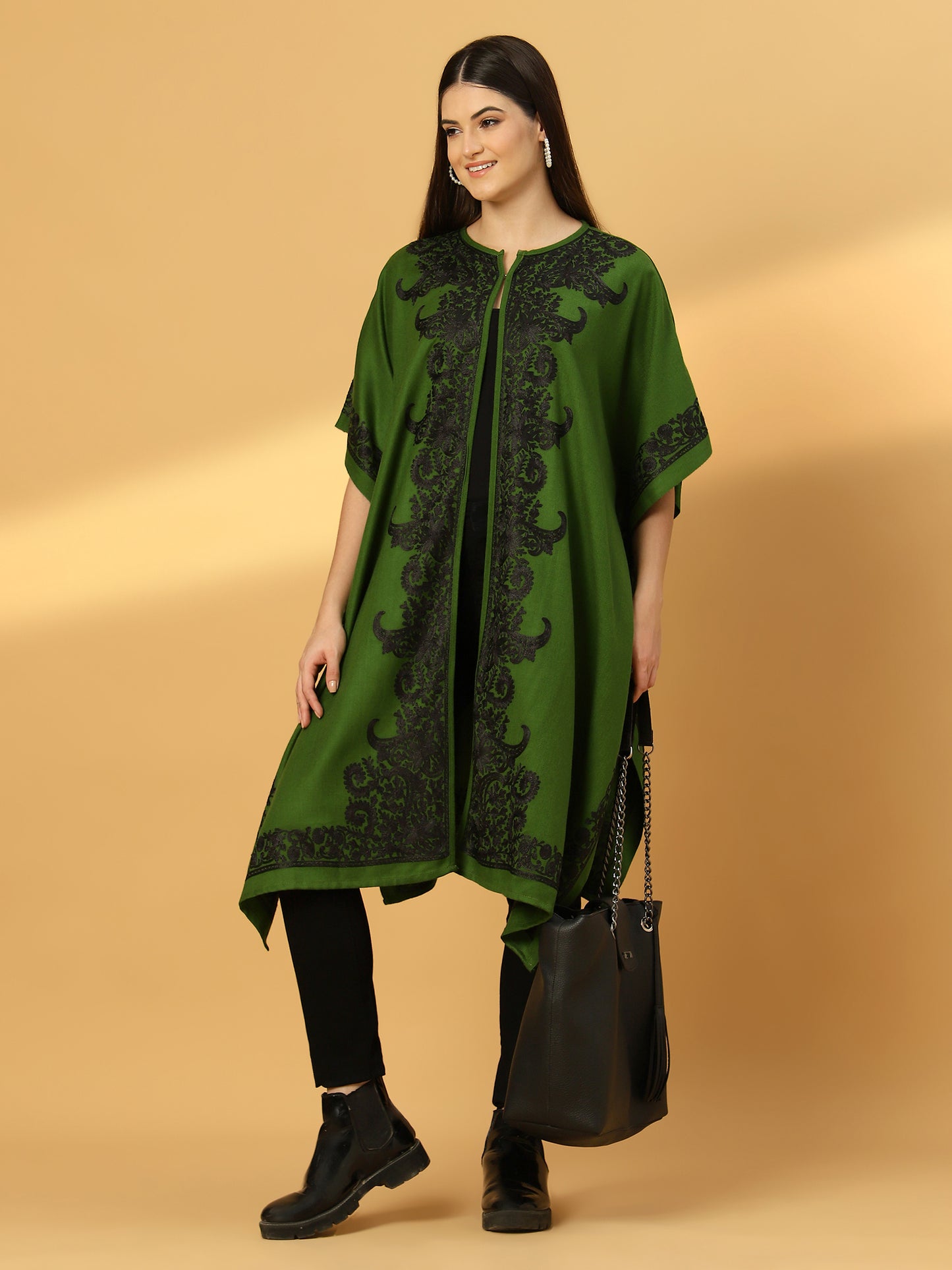 Floral Embroidery Green Pheran Shrug