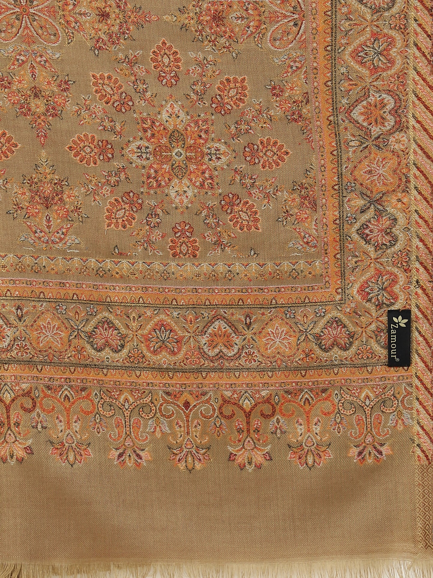 Kani Floral Jaal Zari Weave Pure Wool Shawl For Women | Brown