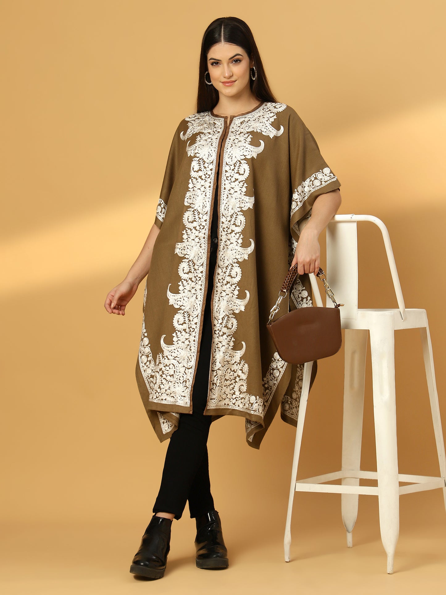 Floral Embroidery Brown Pheran Shrug