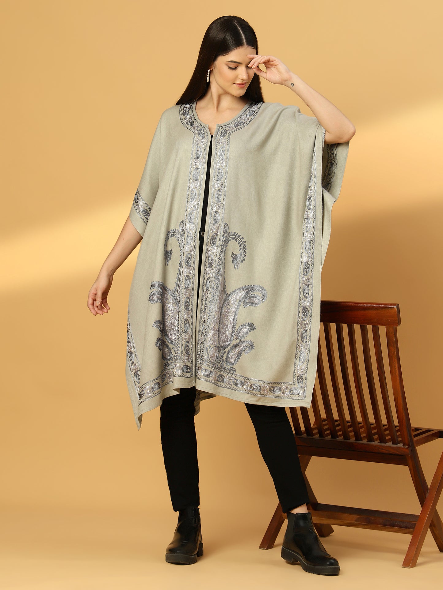 Kashmiri Embroidery Grey Pheran Shrug