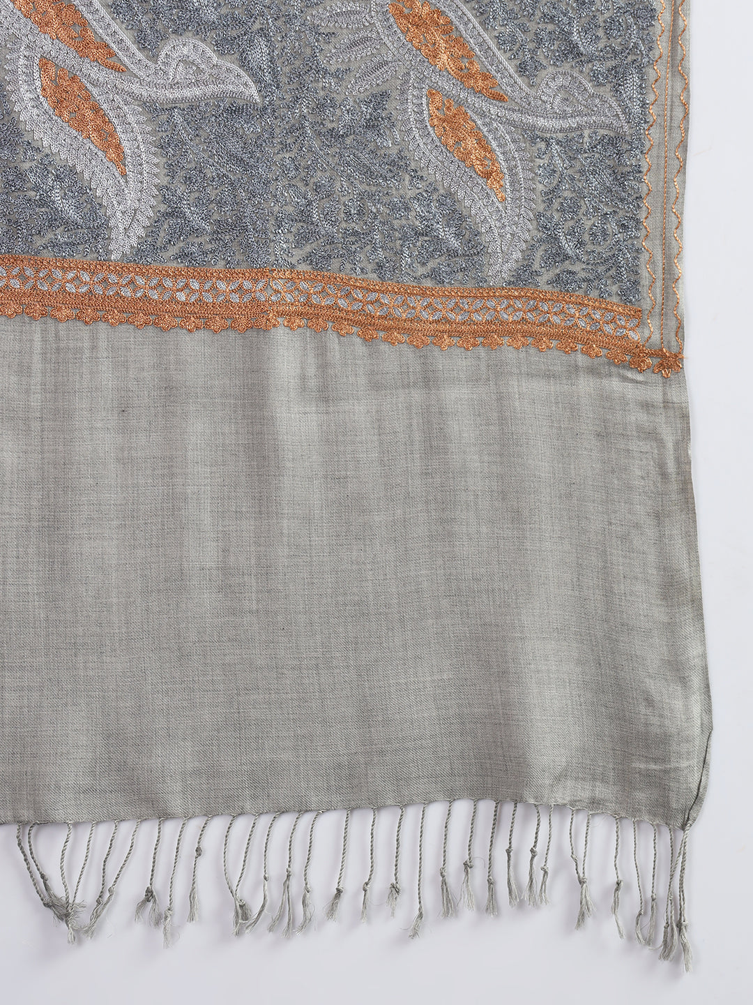Woollen Pashmina Feel Stole in Silk Embroidery for Women | Grey