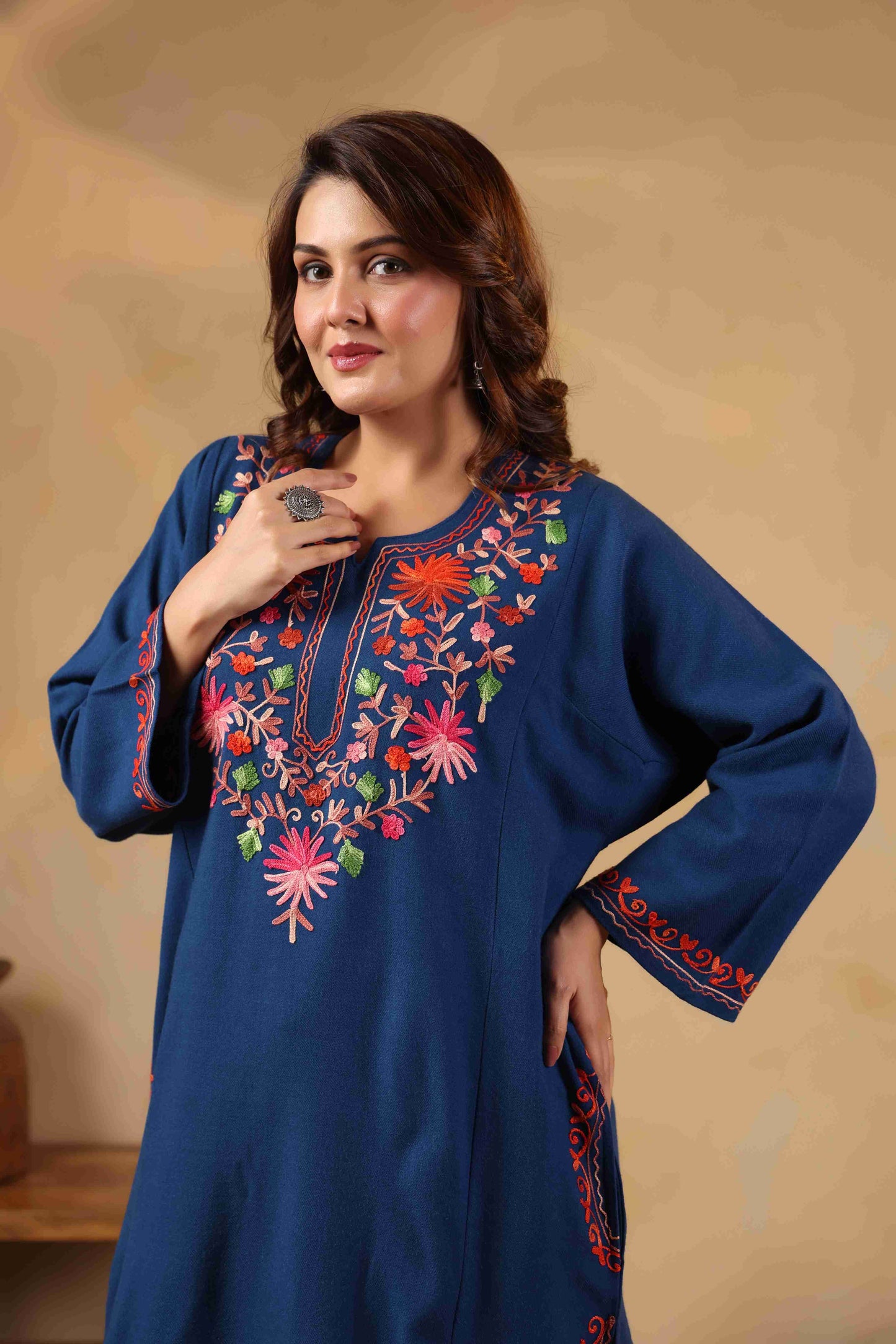 Multicolor Aari Embroidery Kashmiri Pheran | Blue