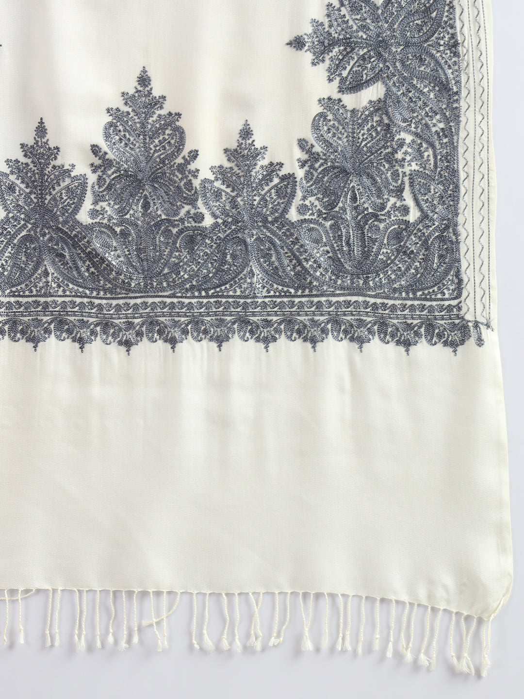 Woollen Pashmina Feel Stole in Silk Embroidery for Women | White