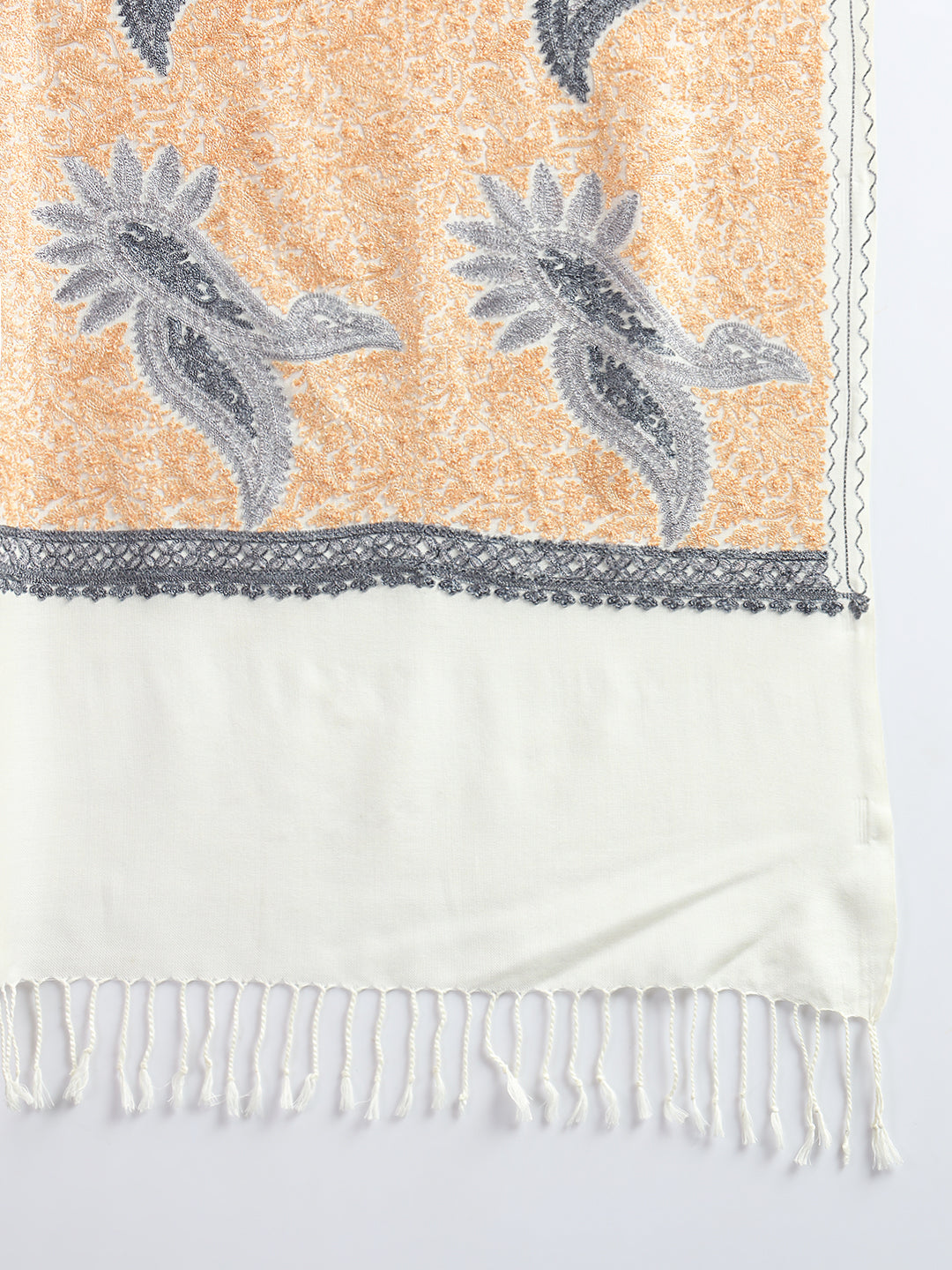 Woollen Pashmina Feel Stole in Silk Embroidery for Women | White