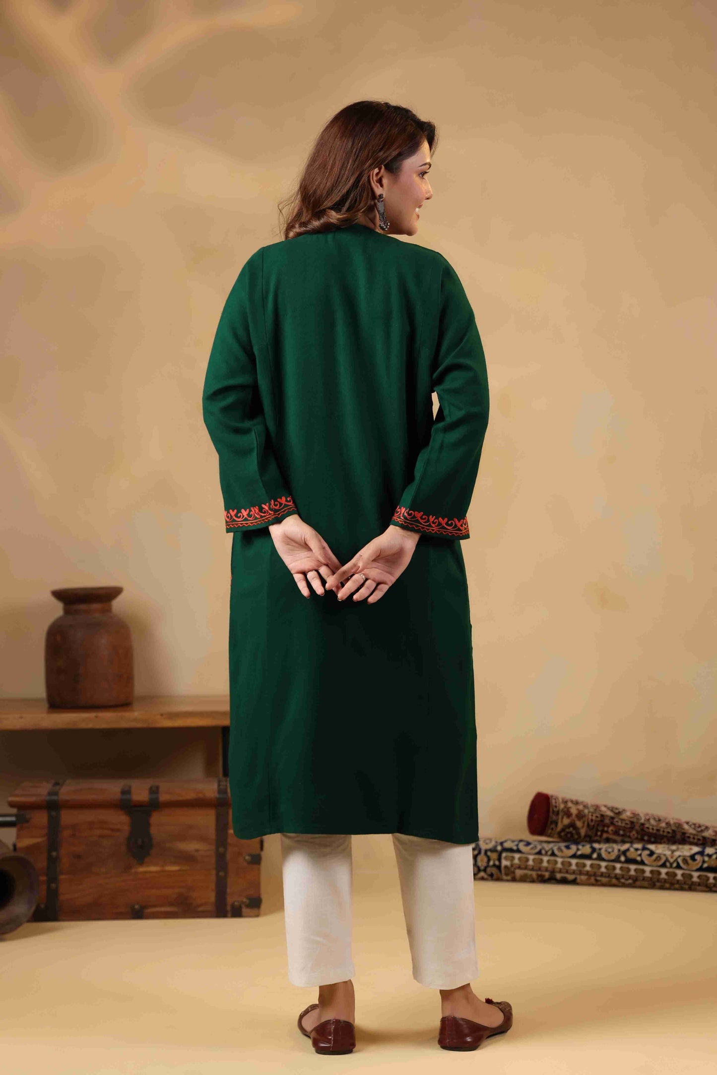 Multicolor Aari Embroidery Kashmiri Pheran | Green