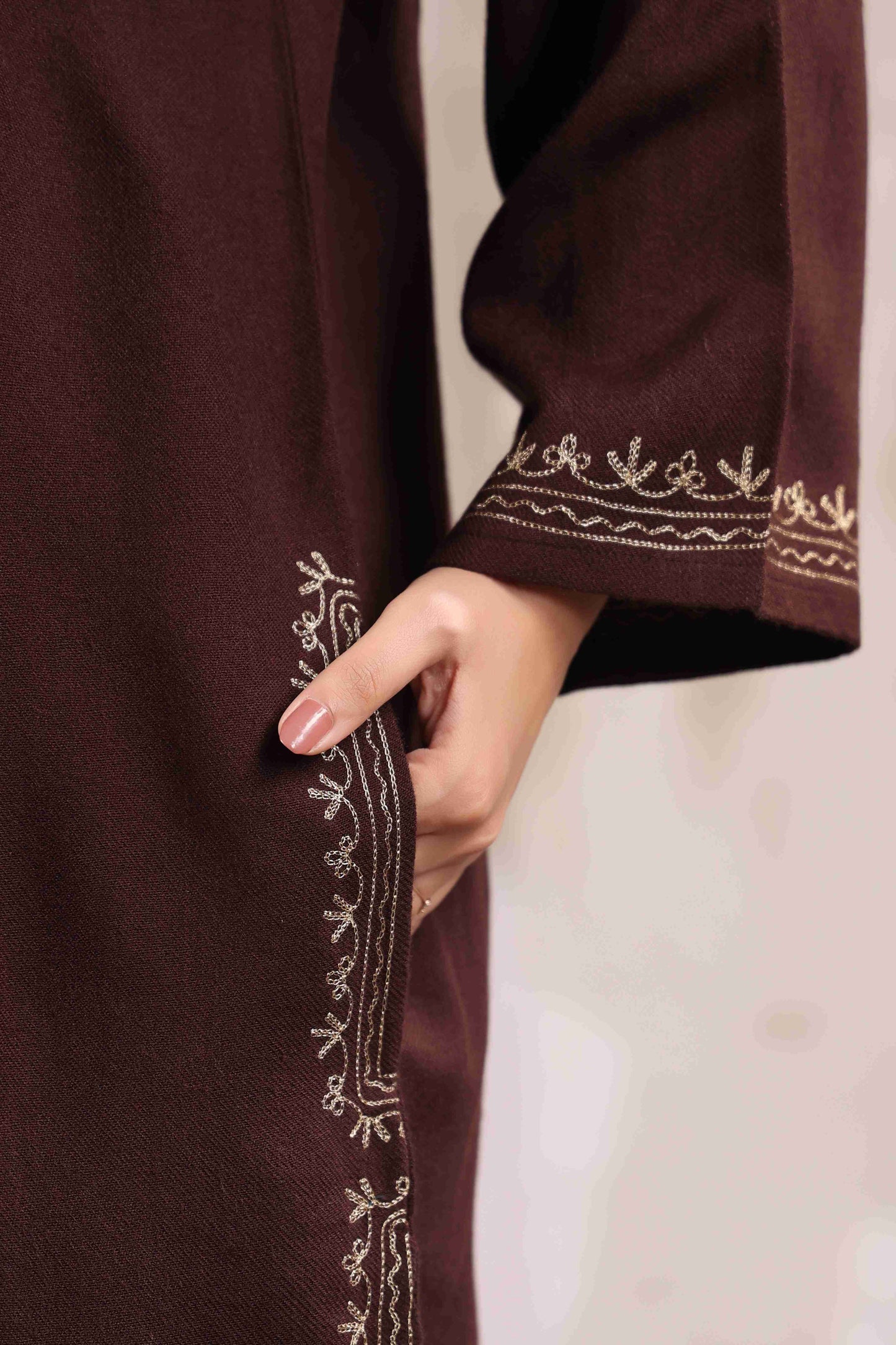 Kashmiri Pheran with Zari Embroidery | Brown