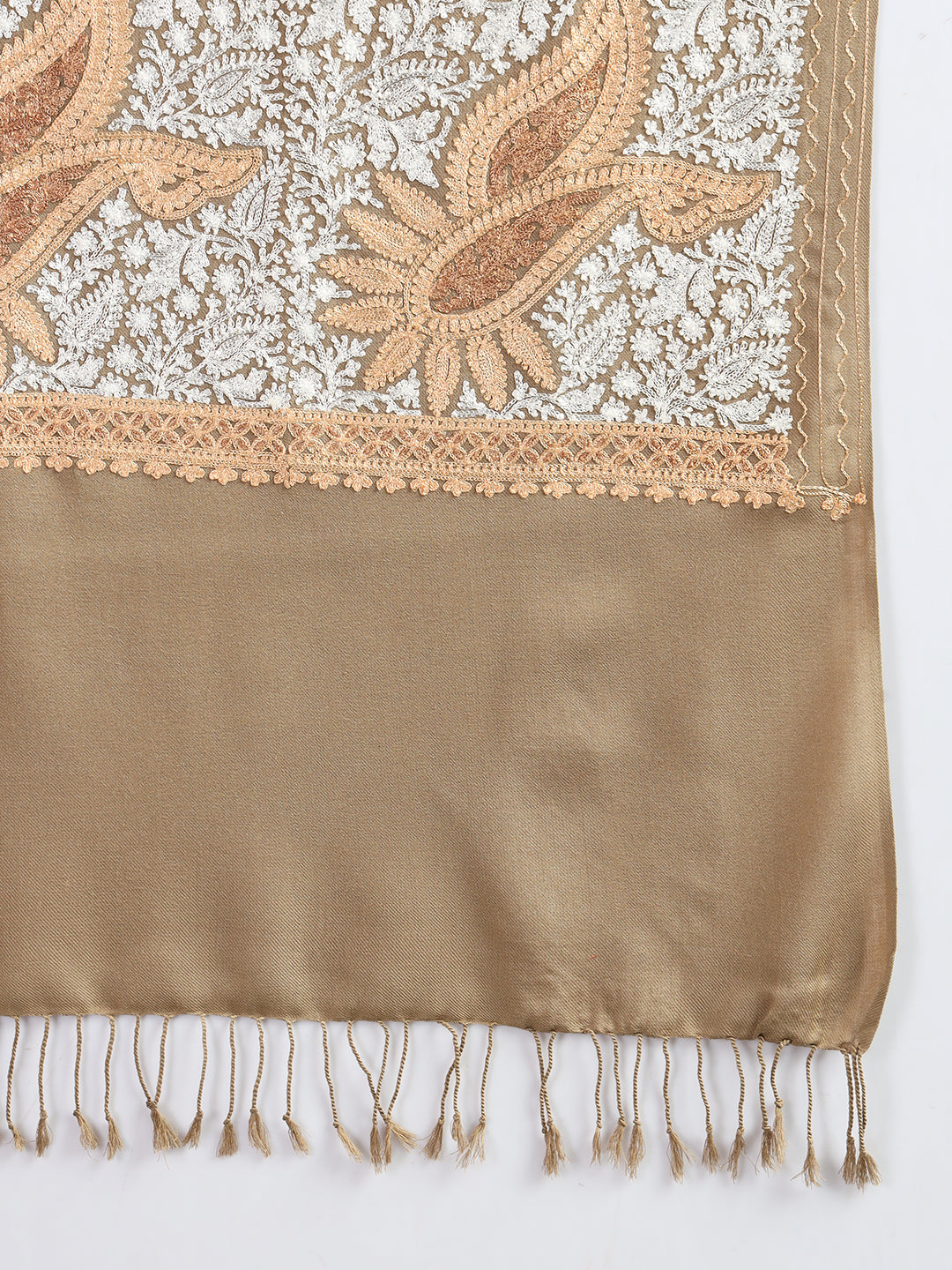 Woollen Pashmina Feel Stole in Silk Embroidery for Women | Brown