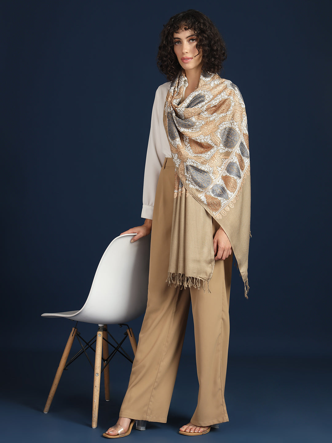 Woollen Pashmina Feel Royal Stole in Silk Embroidery Dense Jaal for Women | Brown