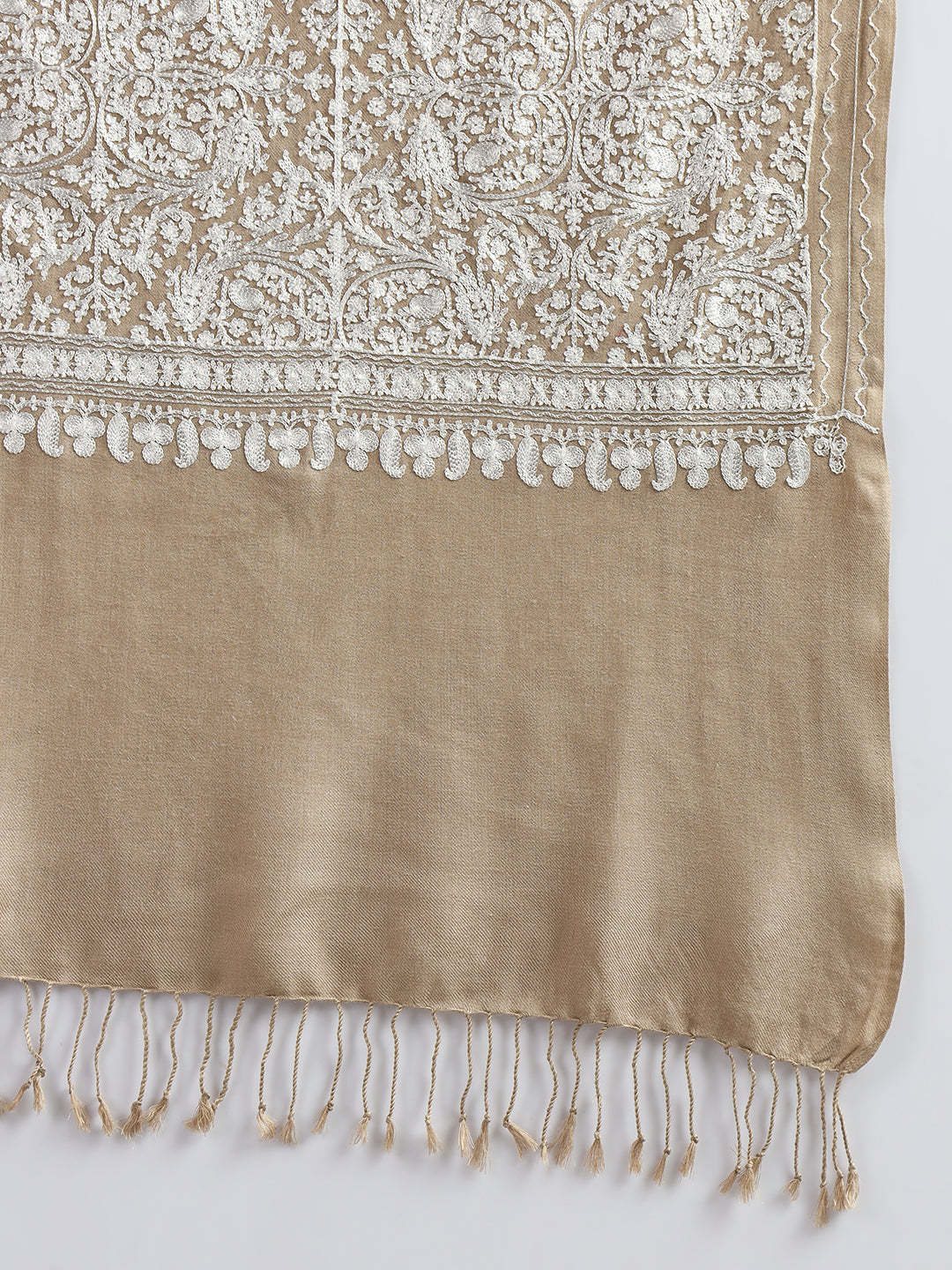 Woollen Pashmina Feel Stole in Silk Embroidery Dense Jaal for Women | Brown 2