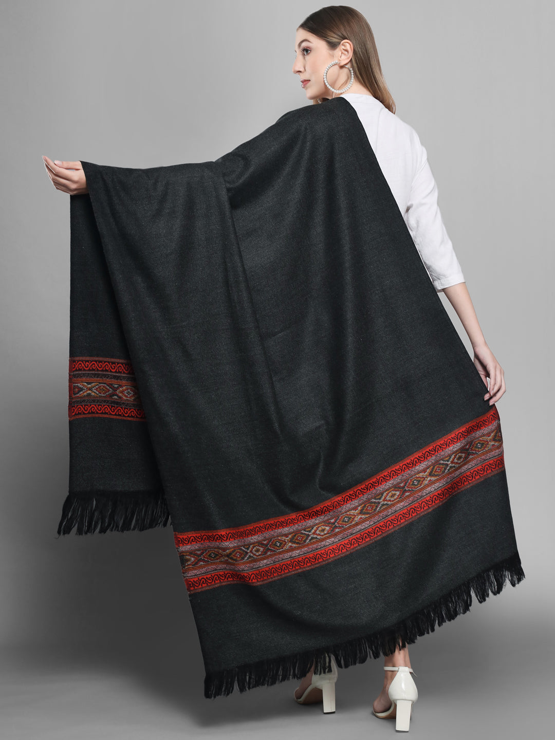 Kullu Himalayan Striped Border Shawl for Women | Charcoal
