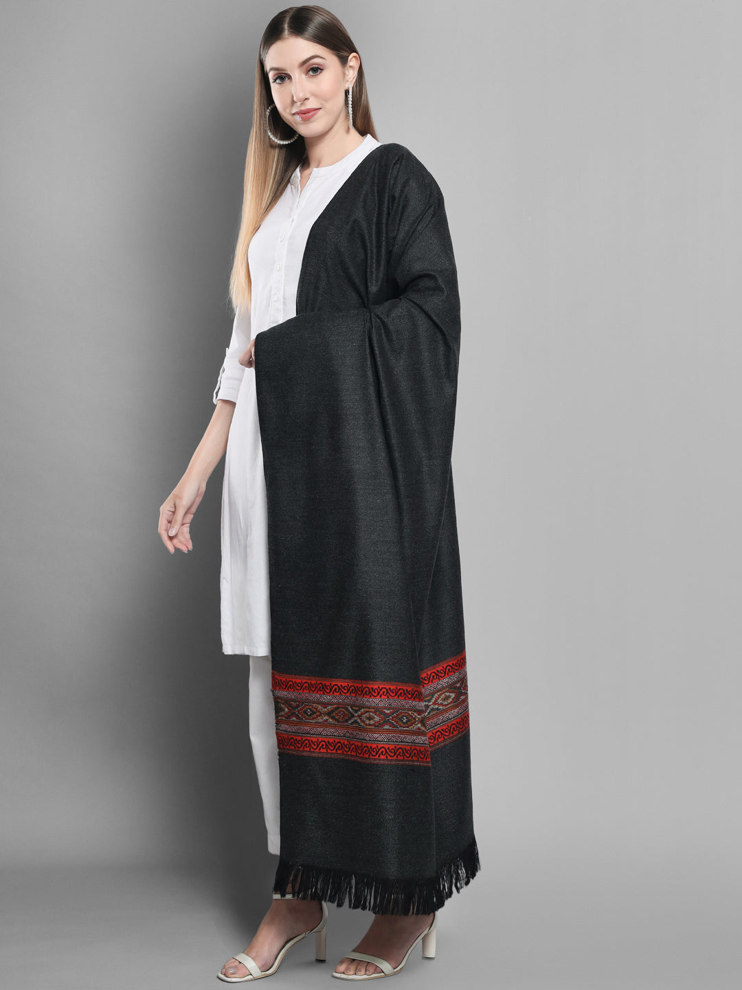 Kullu Himalayan Striped Border Shawl for Women | Charcoal